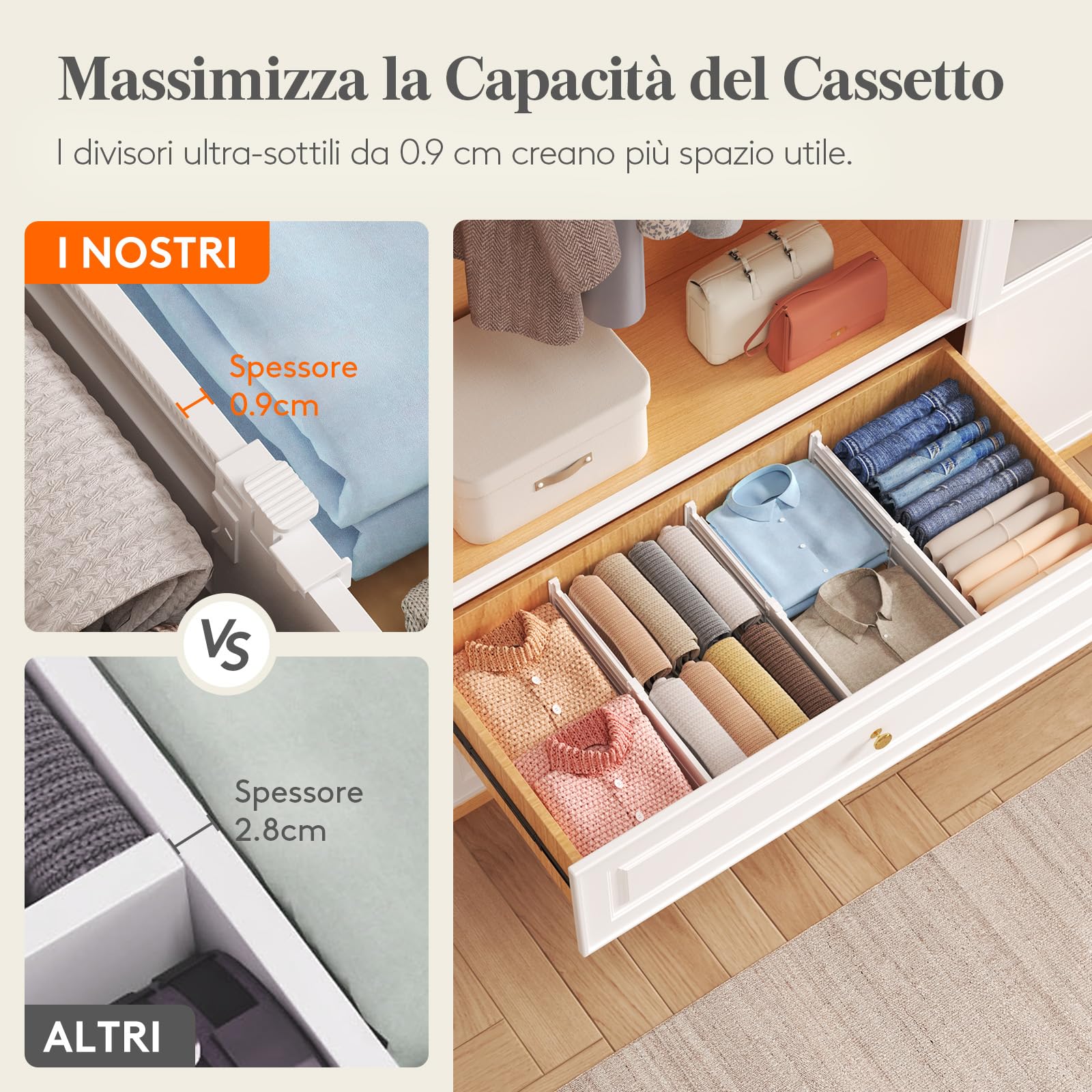 Lifewit Divisori per Cassetti Regolabili, Organizer per Armadio Salvaspazio, Separatore per Armadio, Cucina, Camera da Letto, Confezione da 4, Altezza 13 cm, 30-47 cm, Bianch