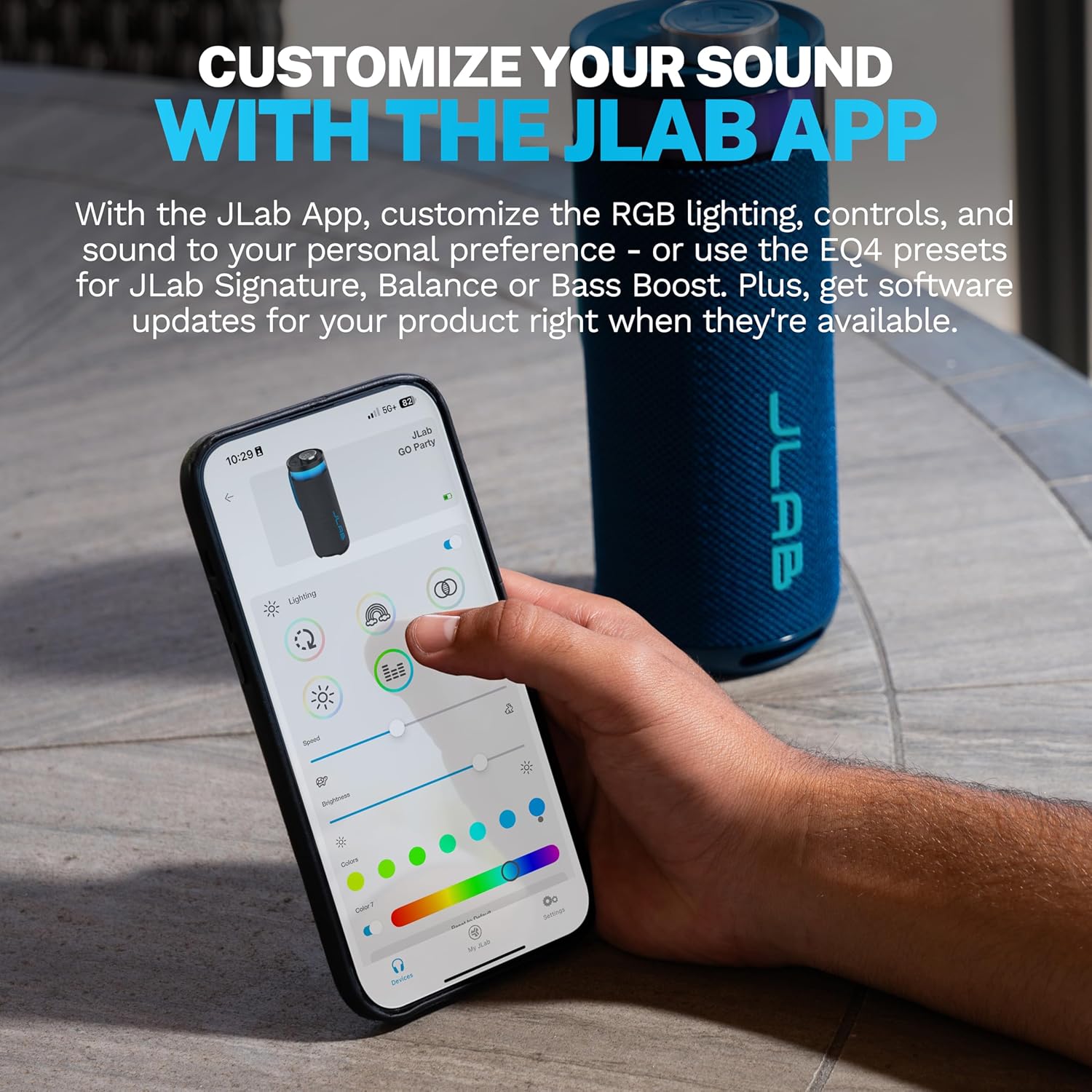 JLab Go Party Portable Bluetooth Speaker, Navy, 10 Watts of Power, 16+ Hours of Playtime, IP56 Waterproofing, Customizable RGB LED Lighting, Lab Sync Up to 100 Speakers, Custom Sound in-App - Image 7