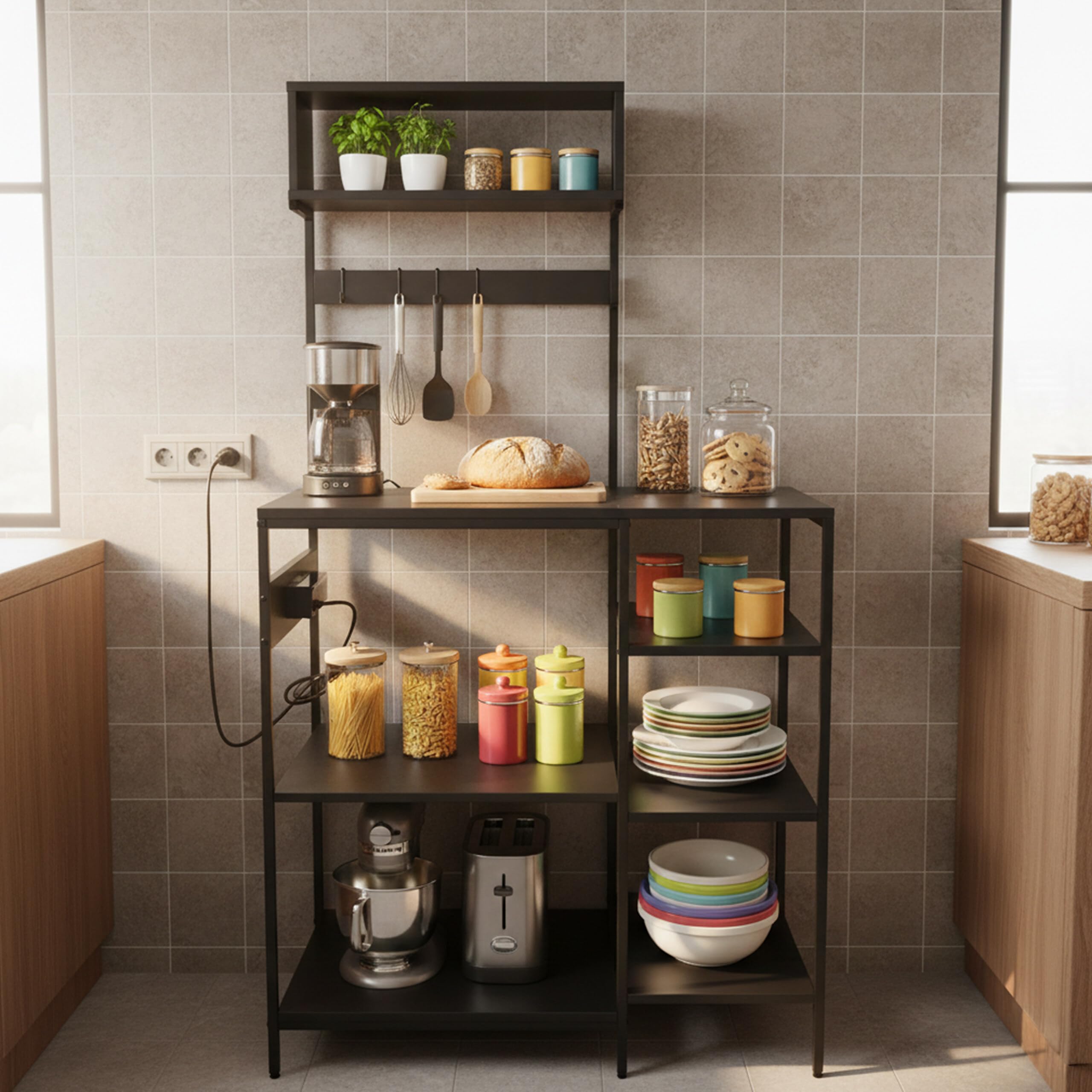 Relaxdays Mobile Cucina Effetto Legno con Presa USB, 151x82x40 cm, per microonde, Nero