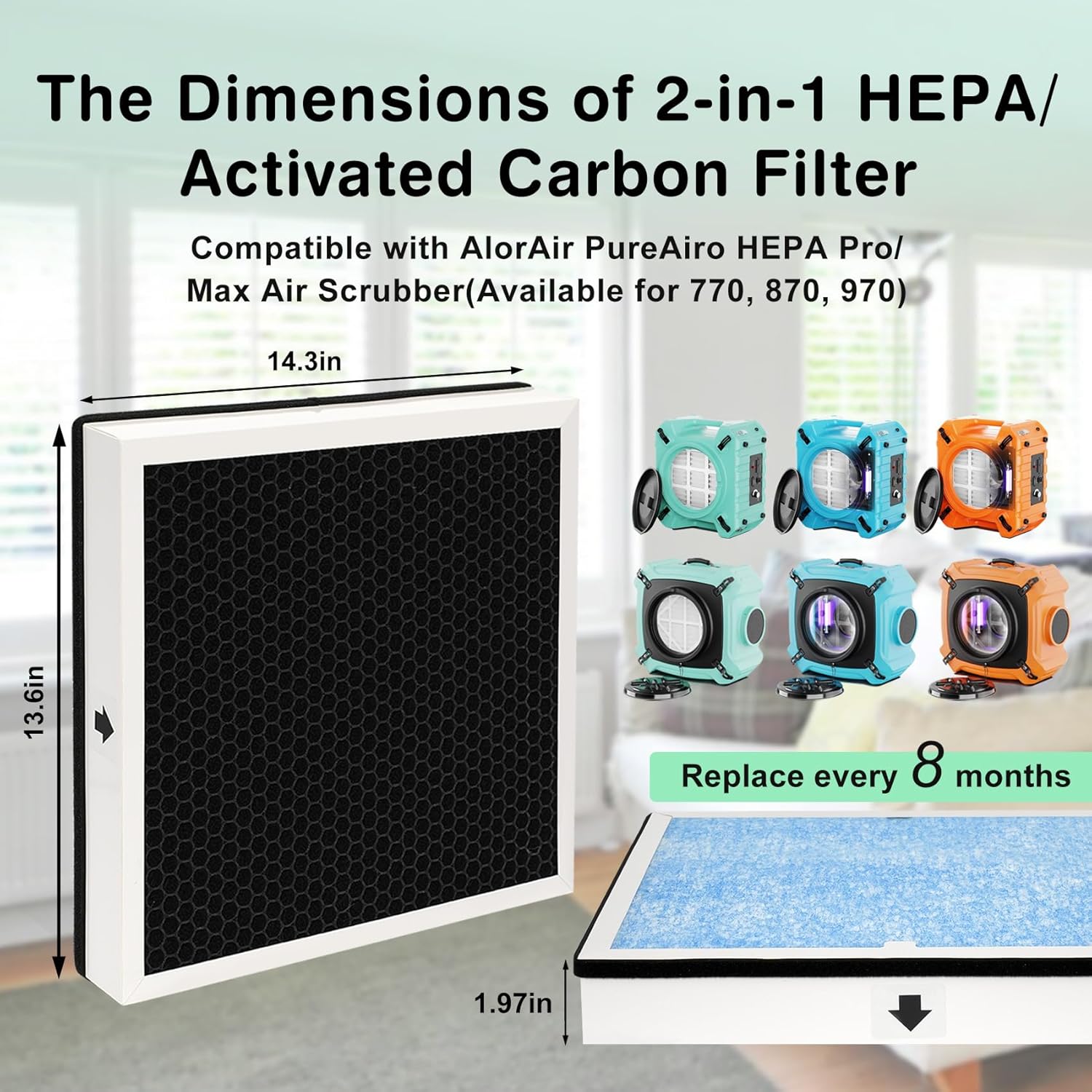 2-in-1 HEPA/Activated Carbon Filter Replacement for AlorAir PureAiro HEPA Pro/Max Air Scrubber 770/870/970 (2 Pcs) - Image 6
