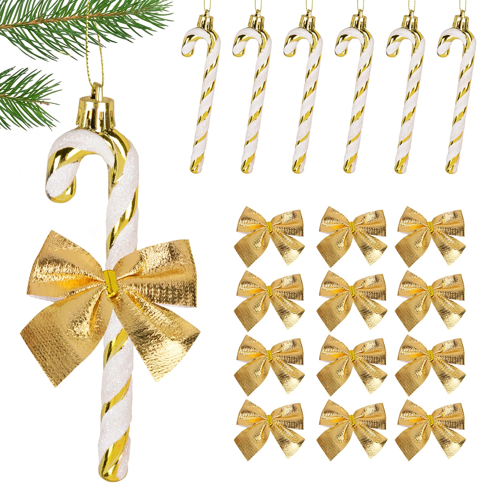 6pcs Colgante Bastón de Caramelo Navidad con Purpurina + 12 Lazos Dorado Adorno Colgante Navidad para Decoración Árbol de Navidad Hogar