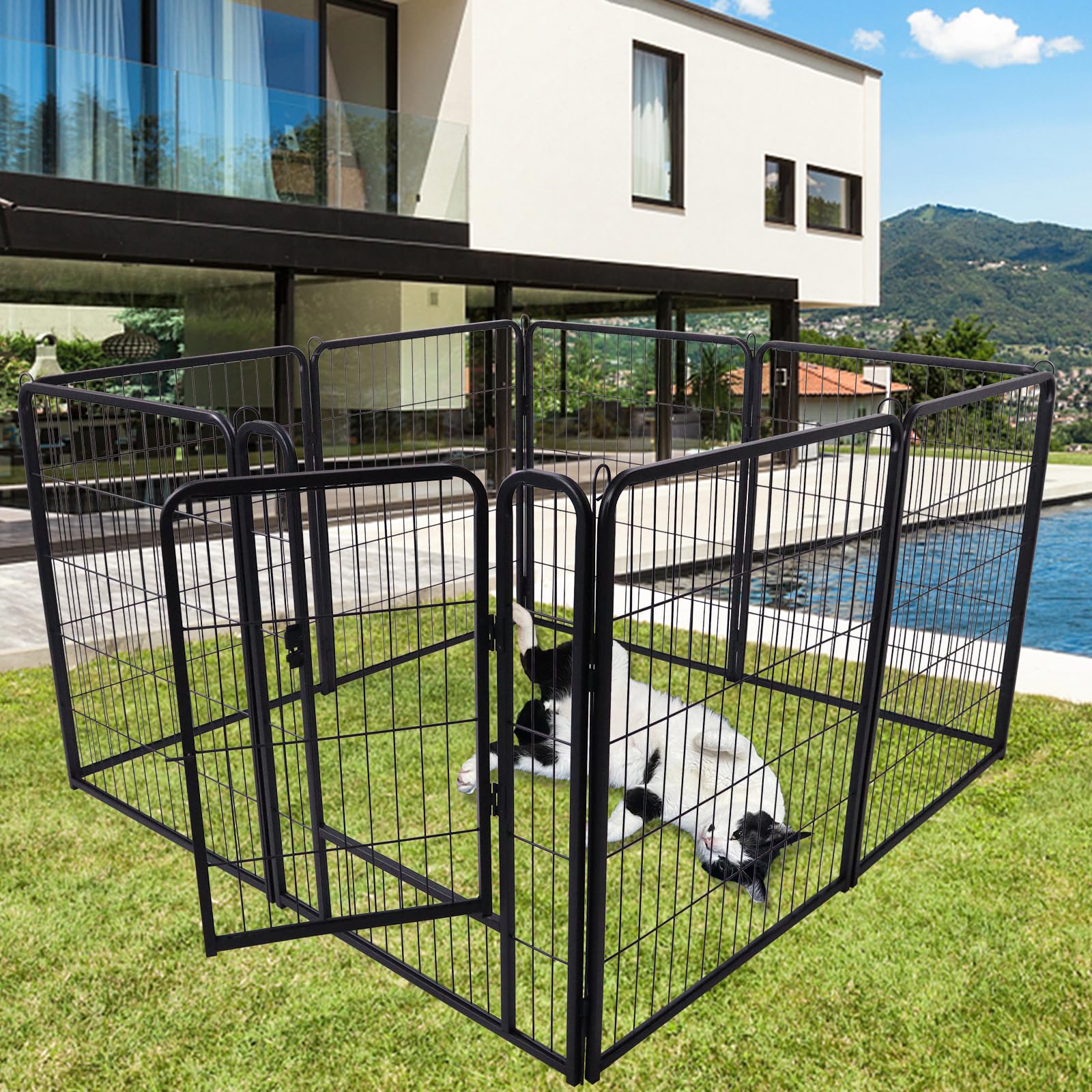 Welpenlaufstall Pet, Freilaufgehege Hund mit automatischer Verriegelung, Metall Faltbare Freigehege mit 1 Tür, 8 TLG. 65x80 cm