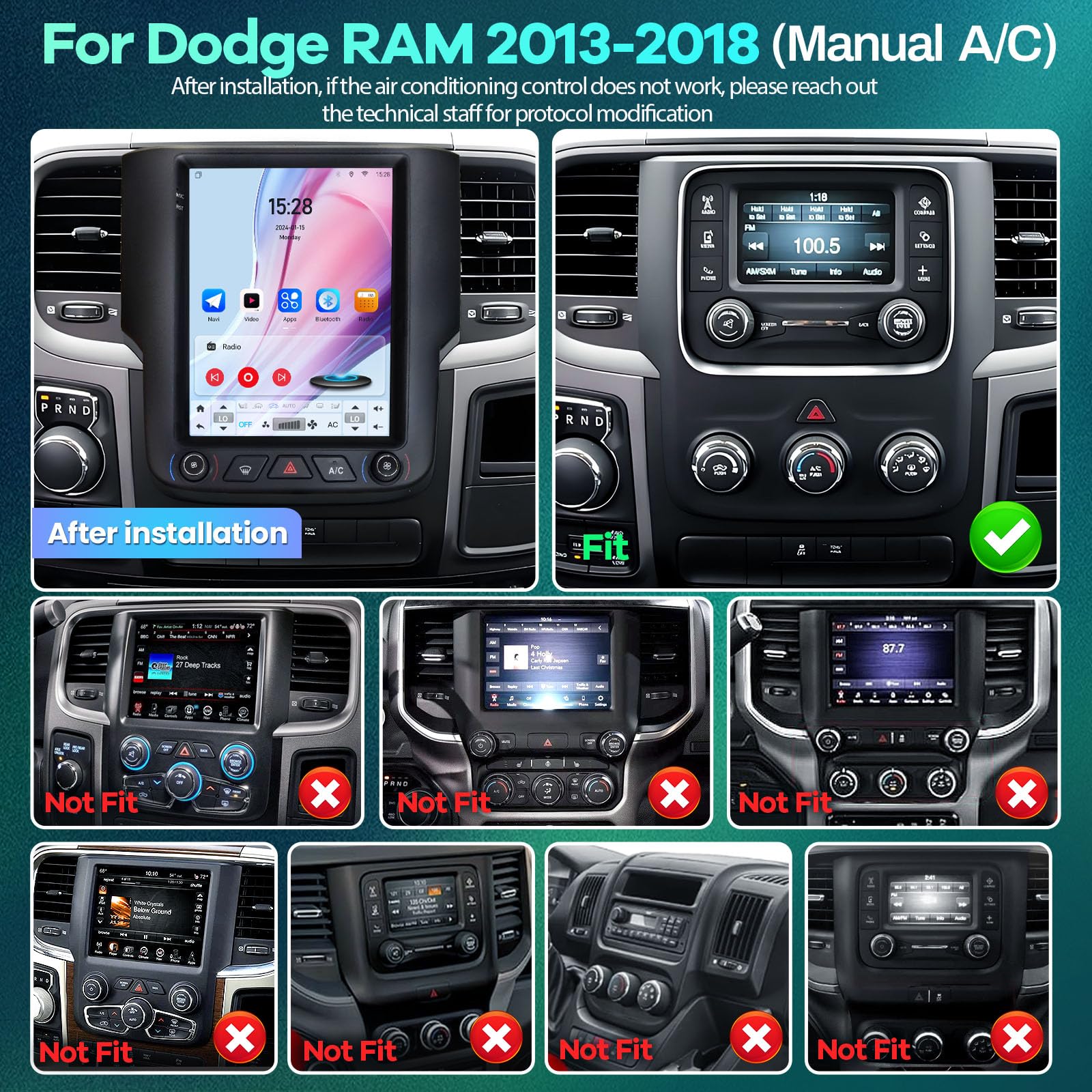 Gearzbtor 9.7 Inch 8Core 4+32G Car Radio for Dodge Ram 1500 2500 3500 2013-2018 for Manual AC,Vertical T-Style Screen Ram Stereo Carplay Android Auto 5Ghz WiFi GPS BT FM/RDS SWC Backup Camera