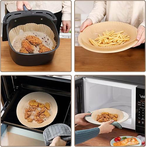 Miniatura 7 de Puricon - 100 forros de papel desechables para freidora de aire, papel de pergamino redondo antiadherente de 7.9 pulgadas para hornear microondas,