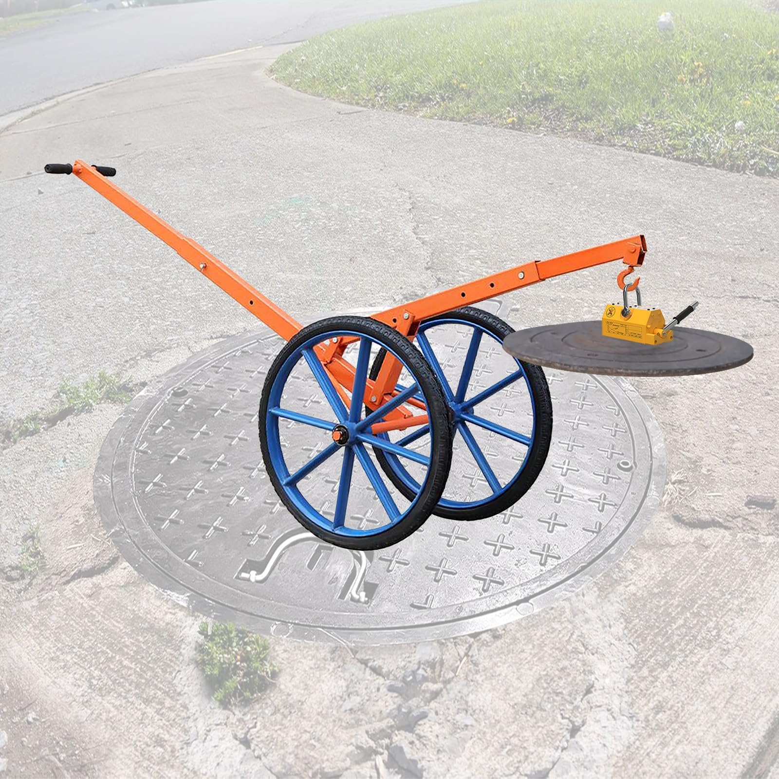 Regulowany stalowy wózek podnoszący z kółkami 70 cm, łatwe podnoszenie pokryw włazów (w tym magnesy) - idealny do zadań budowlanych i konserwacyjnych