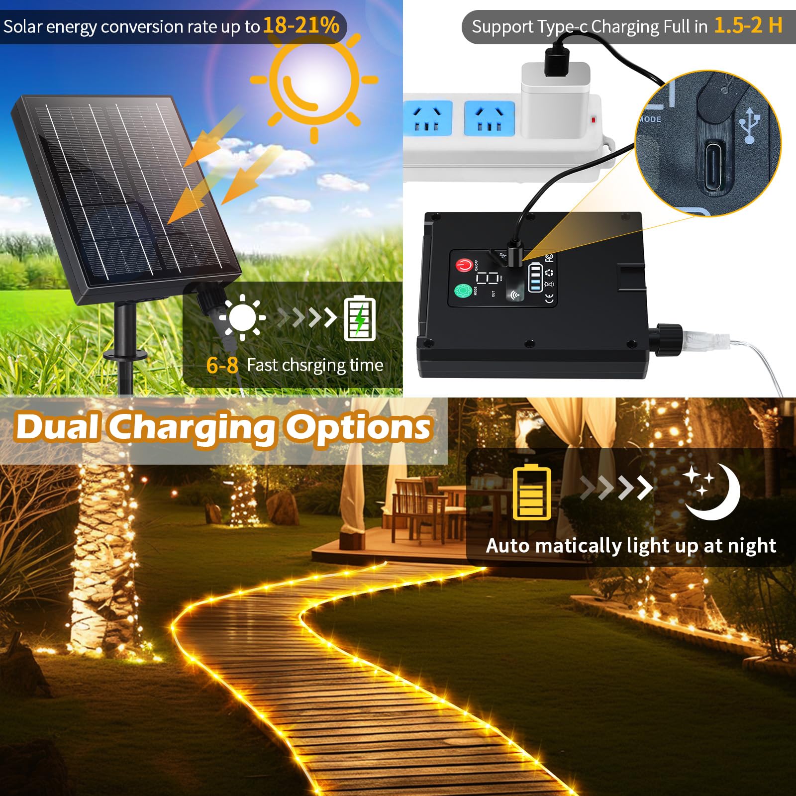 Tira de luces solares de tubo más grueso de 98 pies con control remoto para jardín, blanco cálido, IP67, 300 LED, tira de luces solares para exteriores, impermeable, para patio, árbol, vacaciones