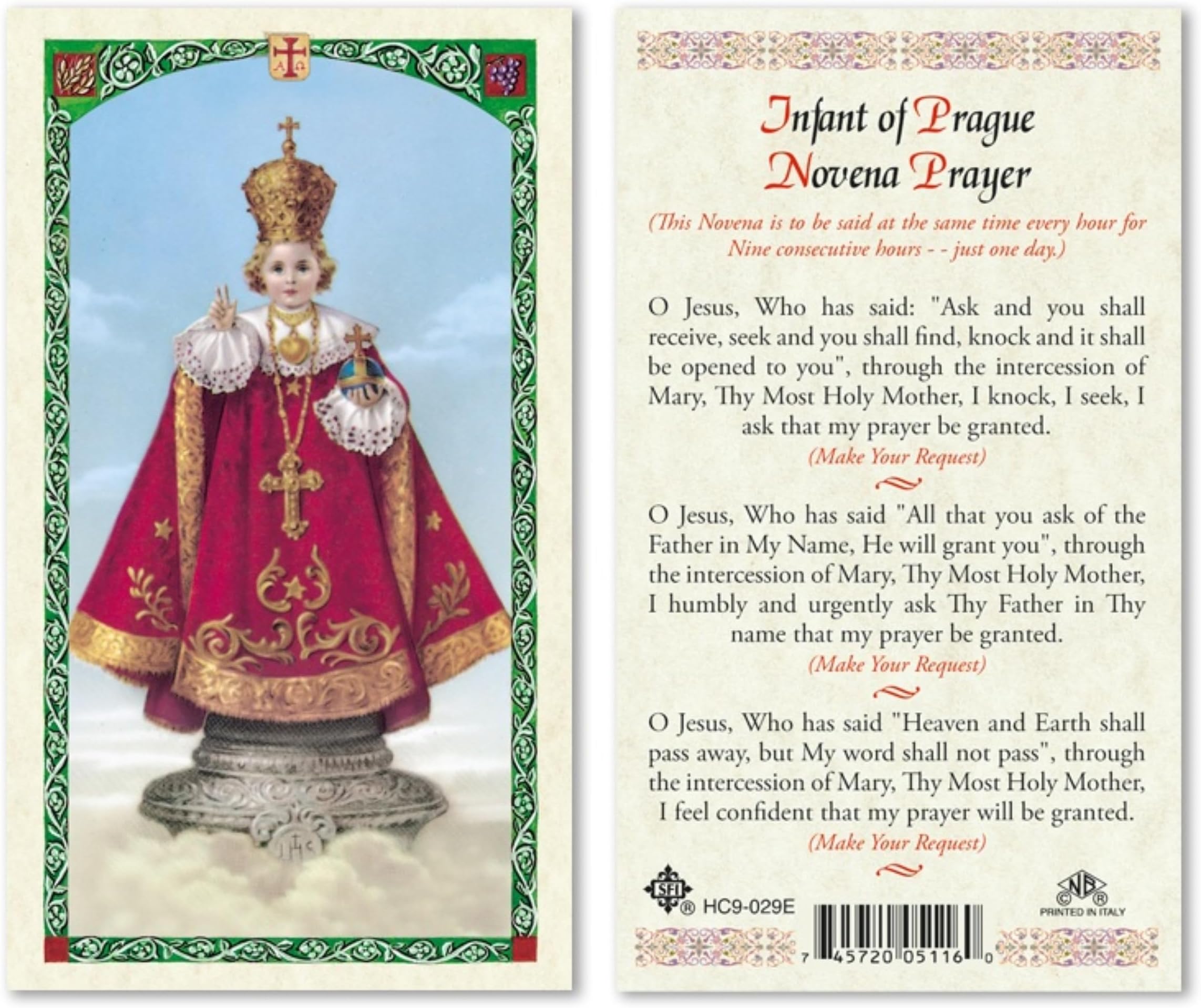 San Francis Imports Infant of Prague Novena Prayer Laminated Holy Card