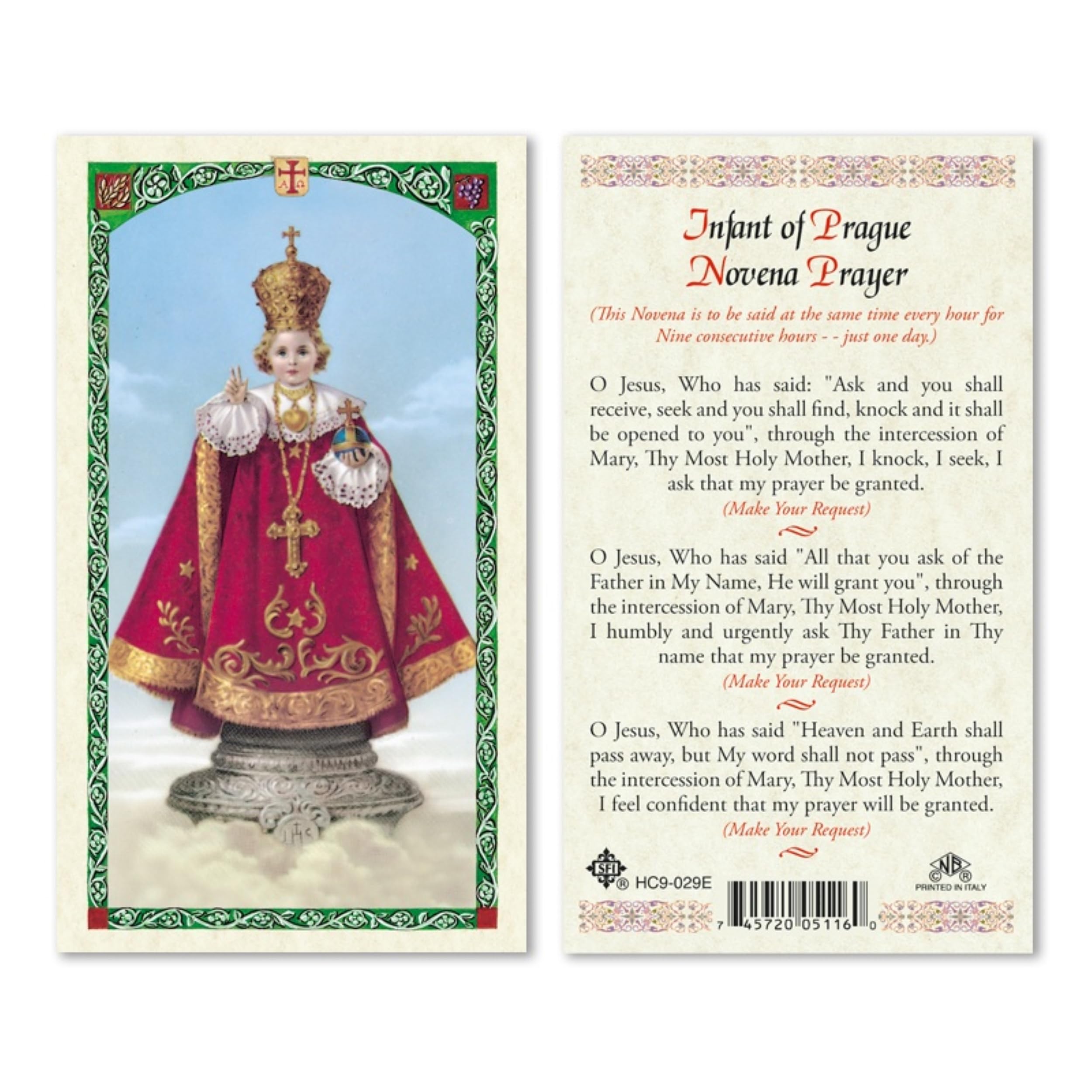 San Francis Imports Infant of Prague Novena Prayer Laminated Holy Card