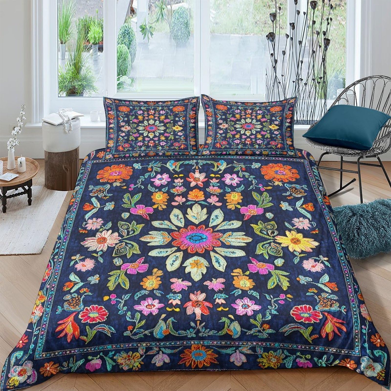 Ctjqhvkz Style-10 3D Printed Boho Floral Fitted Sheet Microfiber Vibrant Folk Pattern Mattress Cover For Bedroom Guest Room Decor Single（135X200cm）