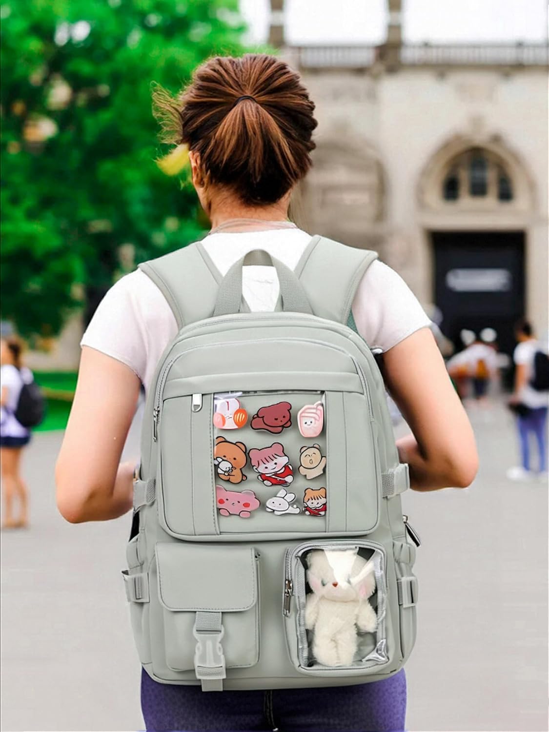 Kawaii Backpack for Teen Girls, Cute Aesthetic High Middle School College Bookbag with Accessories, Green - Image 2