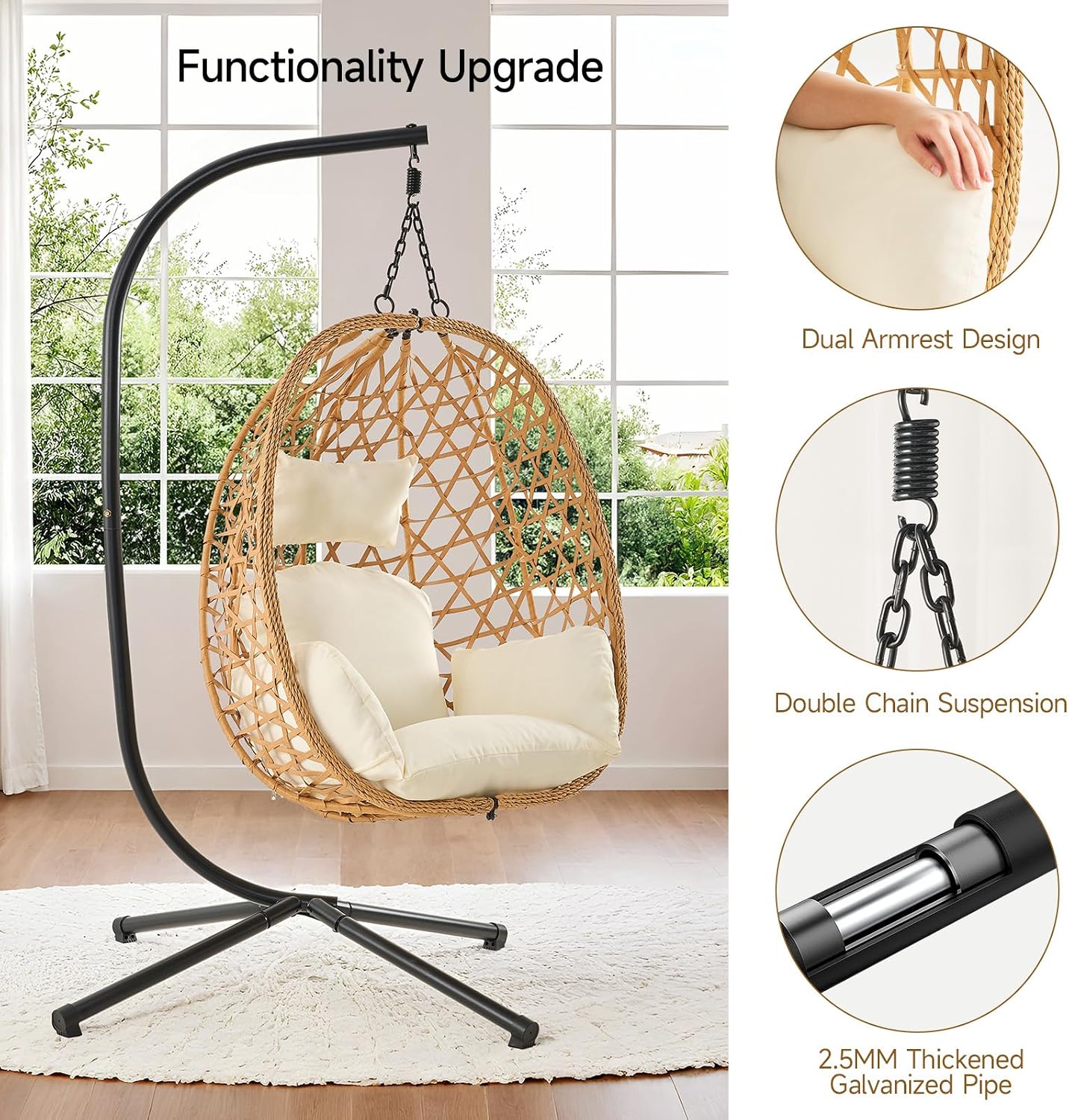 ONBRILL Egg Chair with Stand, Wicker Rattan Swing Hammock Chair with Fine Lace & Cushion, Hanging Chair with Double Chains, 350LBS Capacity for Outdoor & Indoor Patio, Porch, Bedroom, Balcony (Beige)