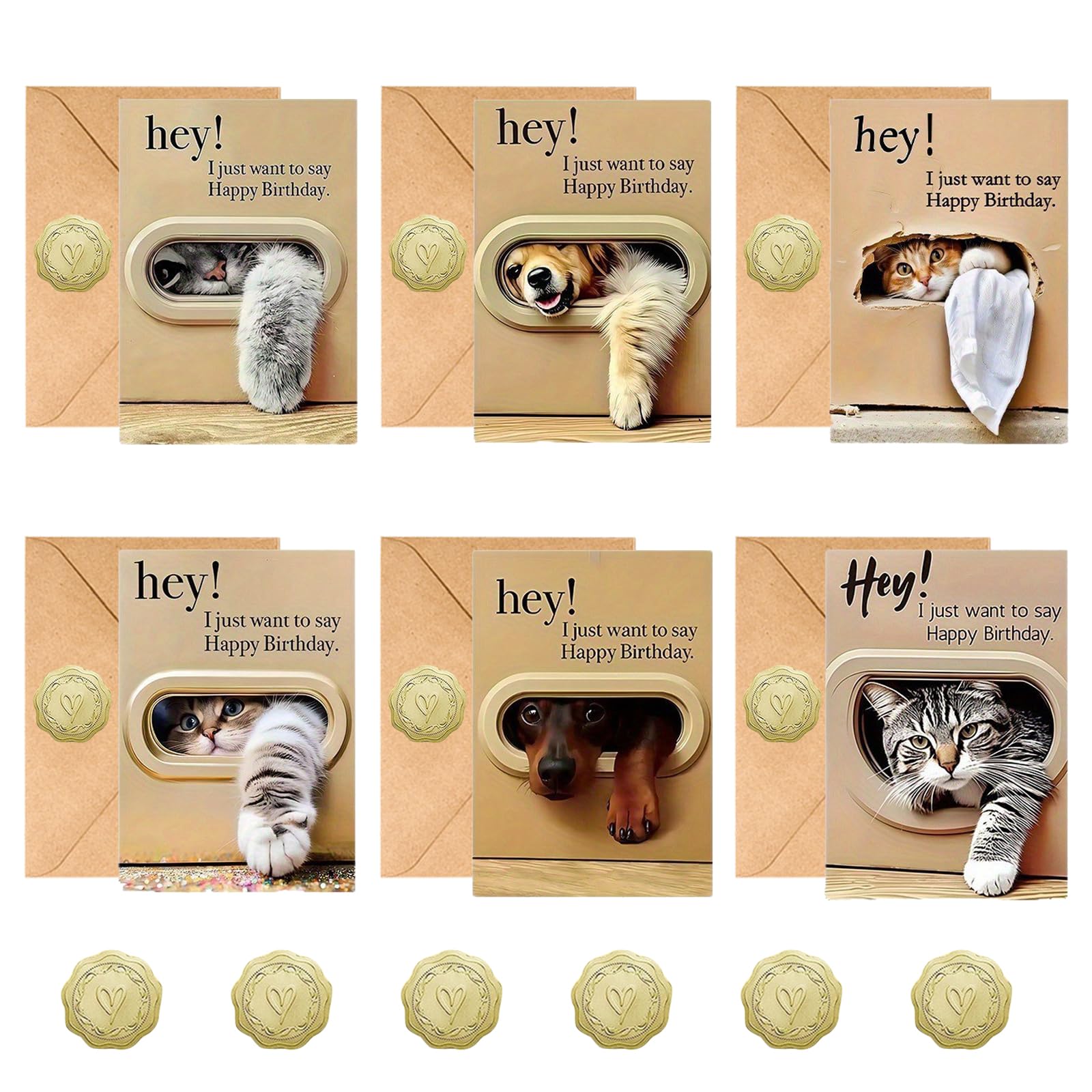 6 Pack Birthday Cards for Women Men Funny Cats Dogs Happy Birthday Cards