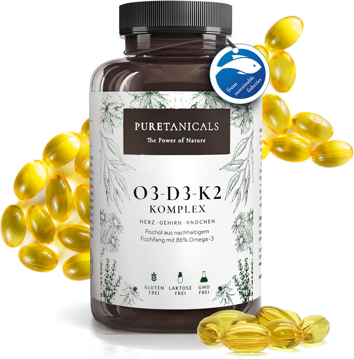 PURETANICALS Omega 3 + Vitamin D3 + K2 MK7 All-Trans | 240 Kapseln hochdosiert Premium Essentials O3-D3-K2 - Fischöl mit essentiellen EPA & DHA Fettsäuren | Fisch Öl Omega3 Fish Oil Tropfen Drops