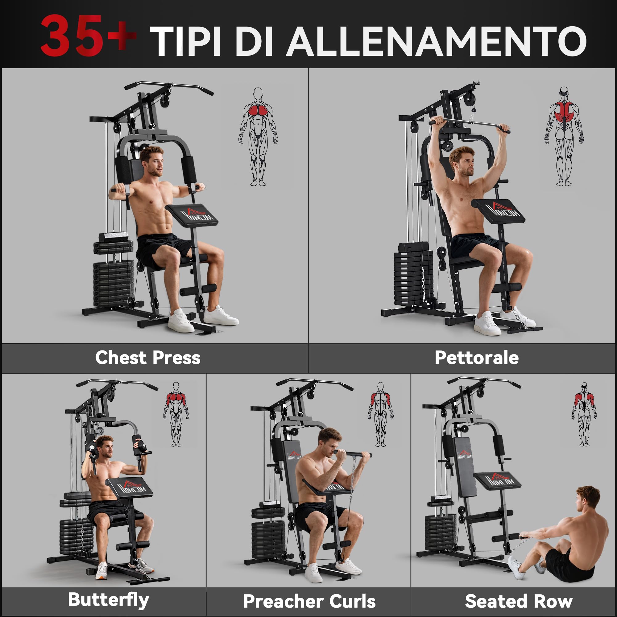 HOMCOM Power Tower con Seduta e Schienale Imbottiti Pesi da 65 kg, Stazione Fitness con Chest Press, Butterfly, Leg Curl, Dischi e Barra per Trazioni e Dip per Home Gym Casa, 135x103x210cm