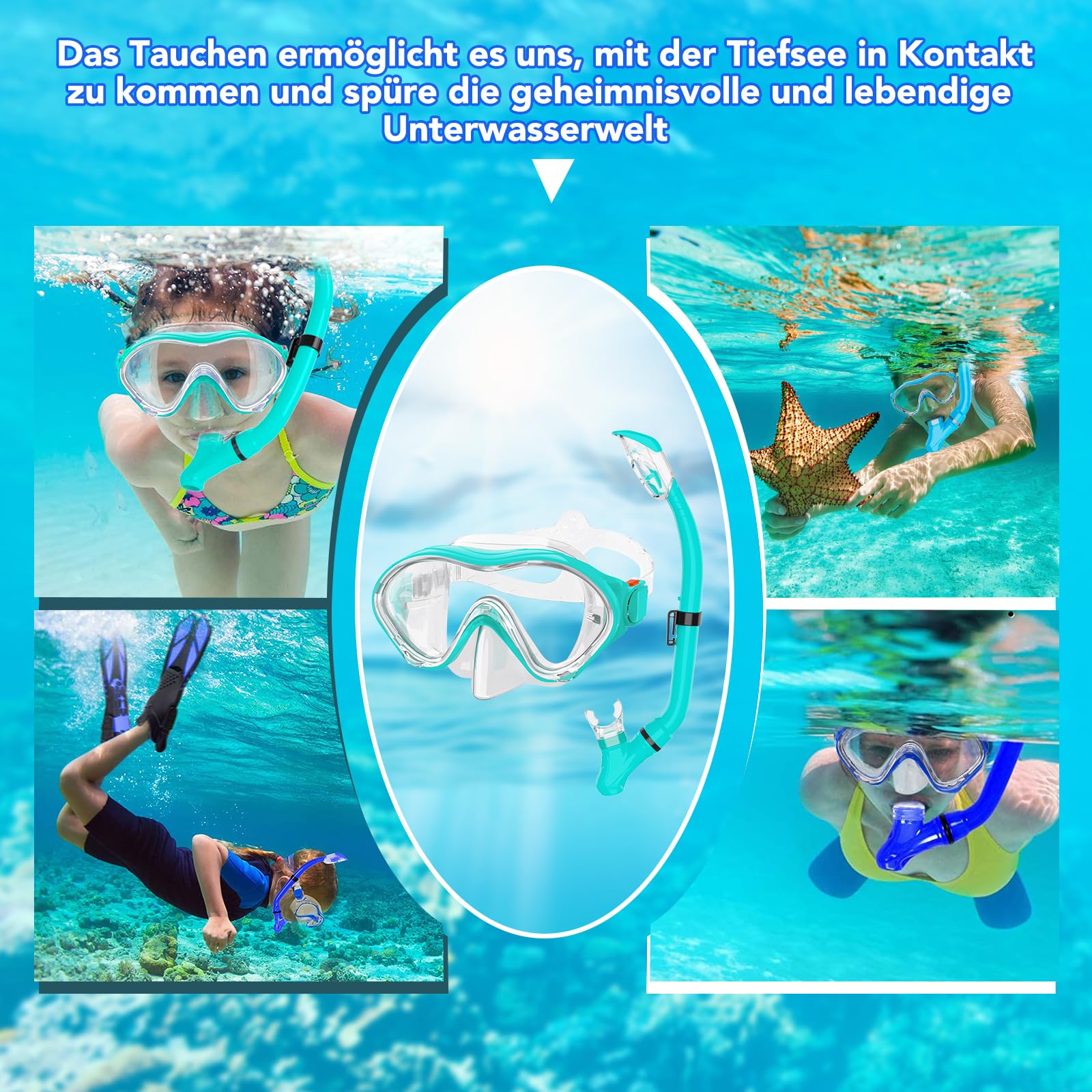 Schnorchelset Kinder mit Flossen, 180° Anti-Fog Panorama Weitblick Taucherbrille Kinder, Verstellbaren Schwimmflossen, Hochwertige Tauchermaske und Dry Top Schnorchel für Schwimmen