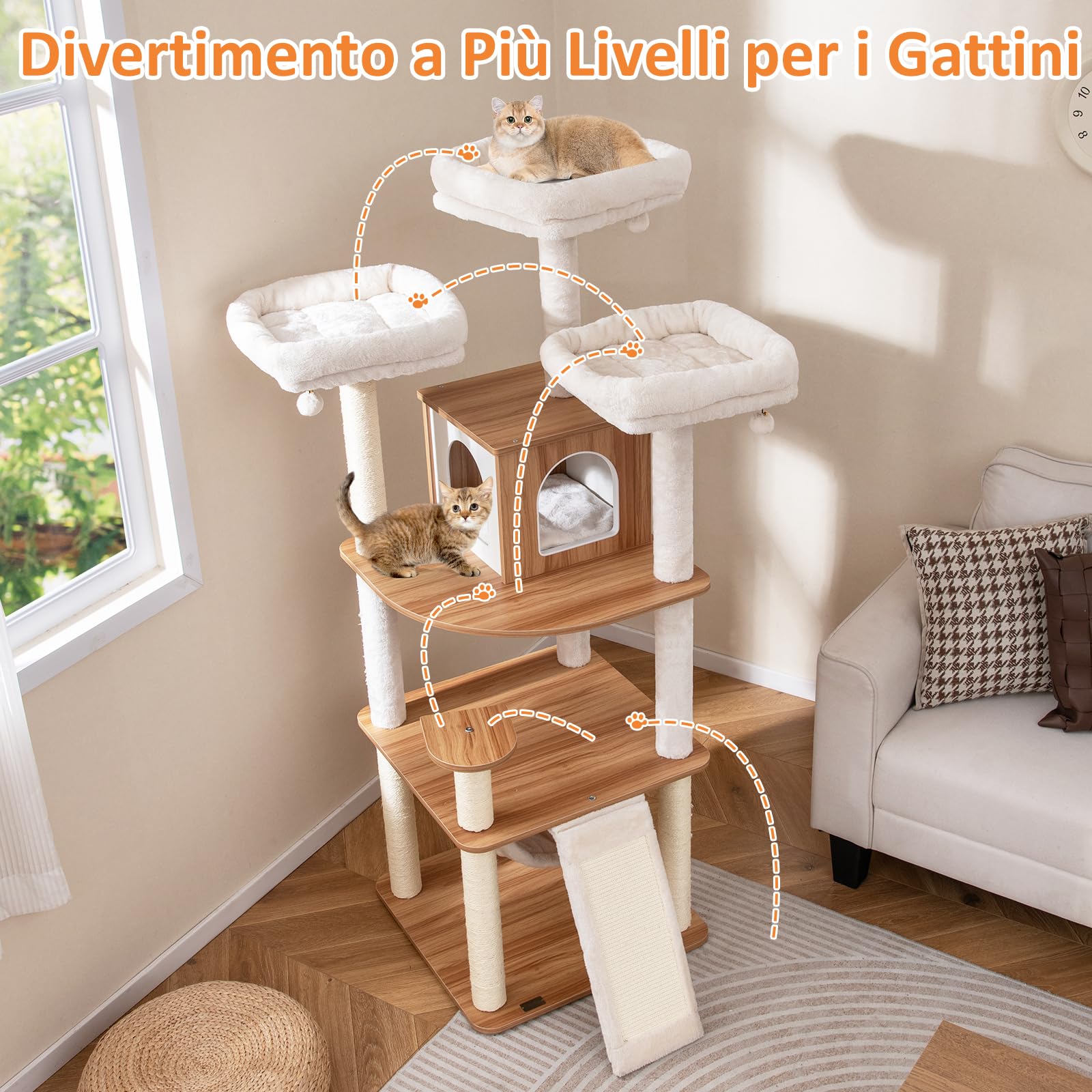 GYMAX Albero per Gatti Alta 168 cm, Torre Multilivello con Piattaforma, Amaca, Pannello Graffiato e Tiragraffi in Sisal, Palline Sospese, Naturale