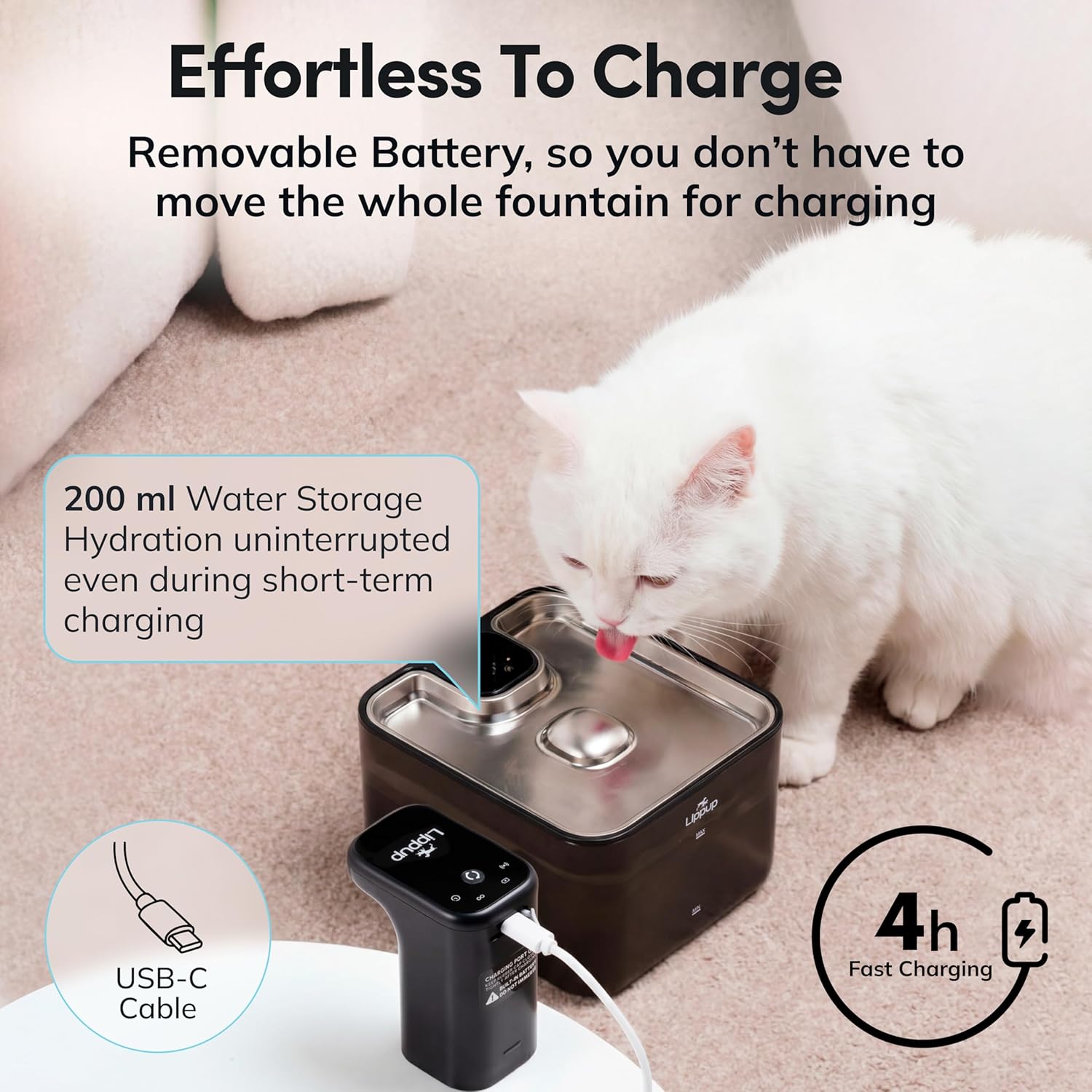 Cat Water Fountain Cordless, 88oz/2.6L Wireless Pet Water Fountains for Cats Indoor, Battery Operated Cat Drinking Fountain with Motion Sensor, Ultra Quiet Pump, BPA-Free, White