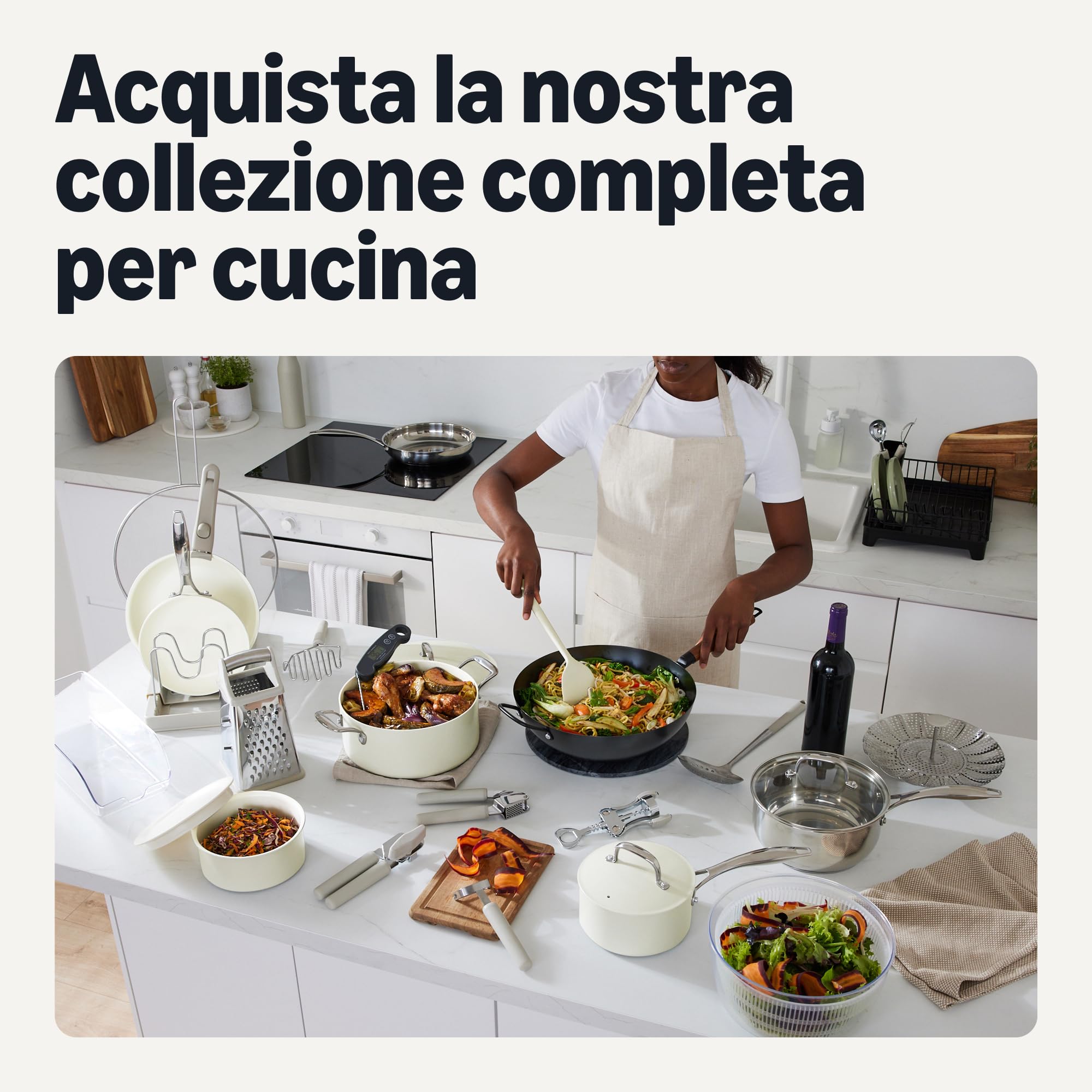 Amazon Basics Padelle Antiaderenti in Ceramica, Set di 3 Pezzi, Adatte a Tutti i Piani Cottura, Lavabili in Lavastoviglie, Avorio