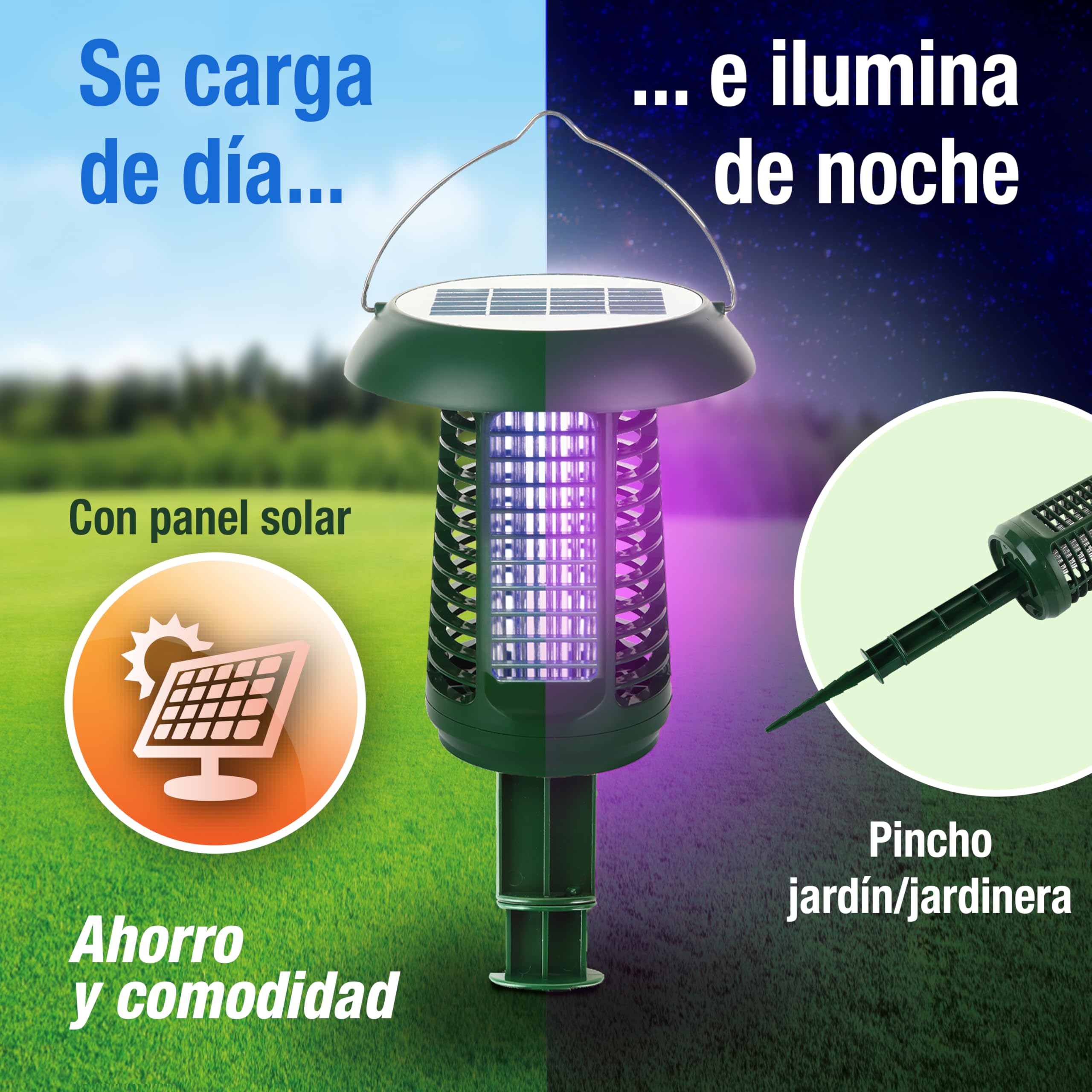Lámpara Solar Antimosquitos 2 en 1: Luz UV Anti-Insectos + Luz Blanca Iluminación. Interior/Exterior. Energía Solar + Red (Incluye Adaptador) Portátil: Ideal jardín, terraza, Camping. Gran Autonomía