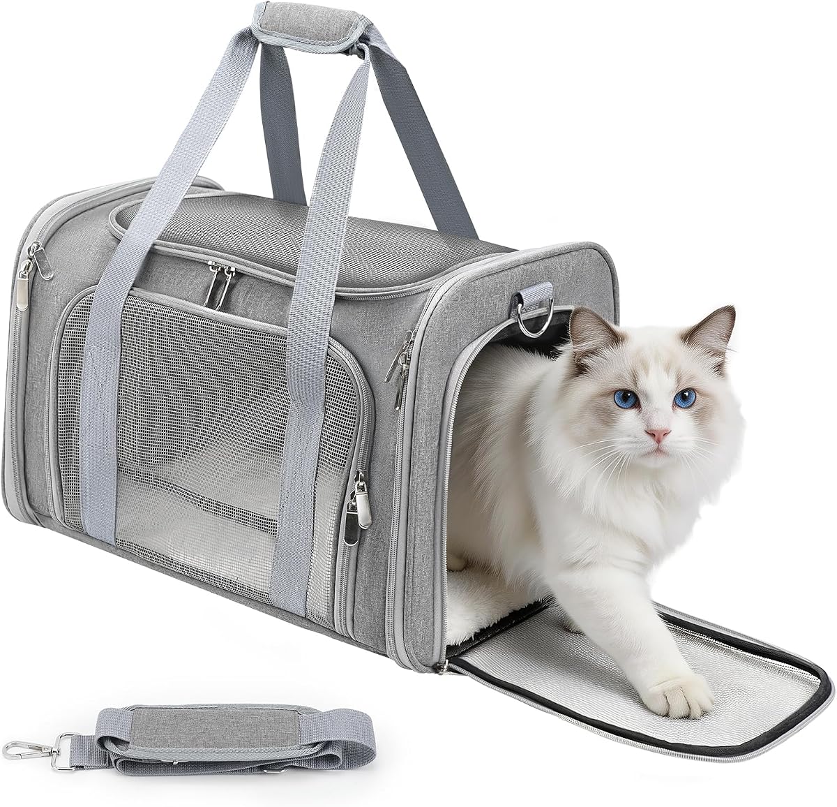 Transportín para gatos suave, transportadores para perros pequeños/gatos grandes (hasta 16 lb) | con alta transpirabilidad, correa para el hombro, tapete impermeable, transportador de mascotas aprobado por aerolínea, para viajes en casa al aire libre (gris)