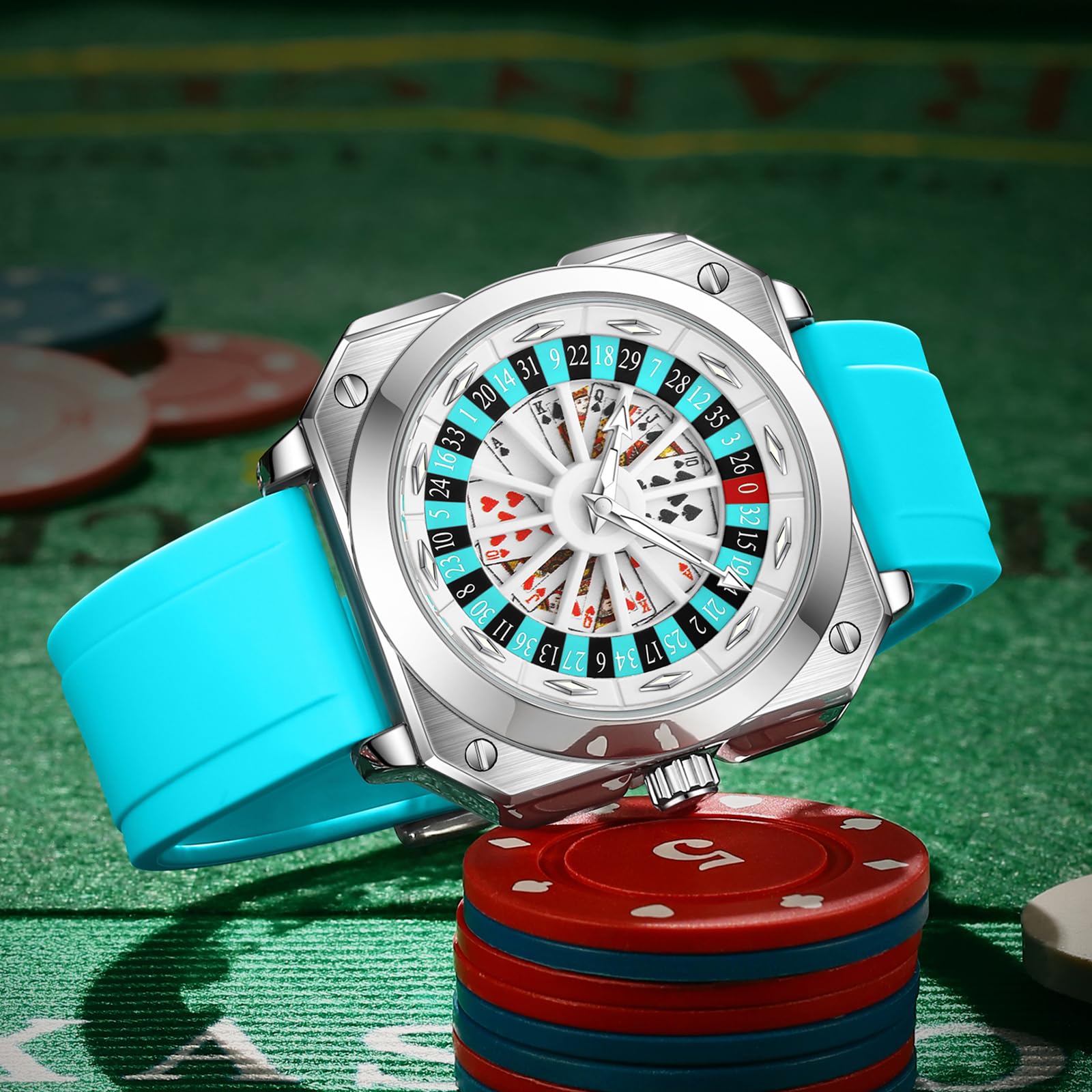 MASTOP Roulette-Rad-Uhren für Männer mit rotierendem Zifferblatt Poker quadratisches Silikonkautschukarmband einzigartige kreative auffällige coole Business-Herrenuhren