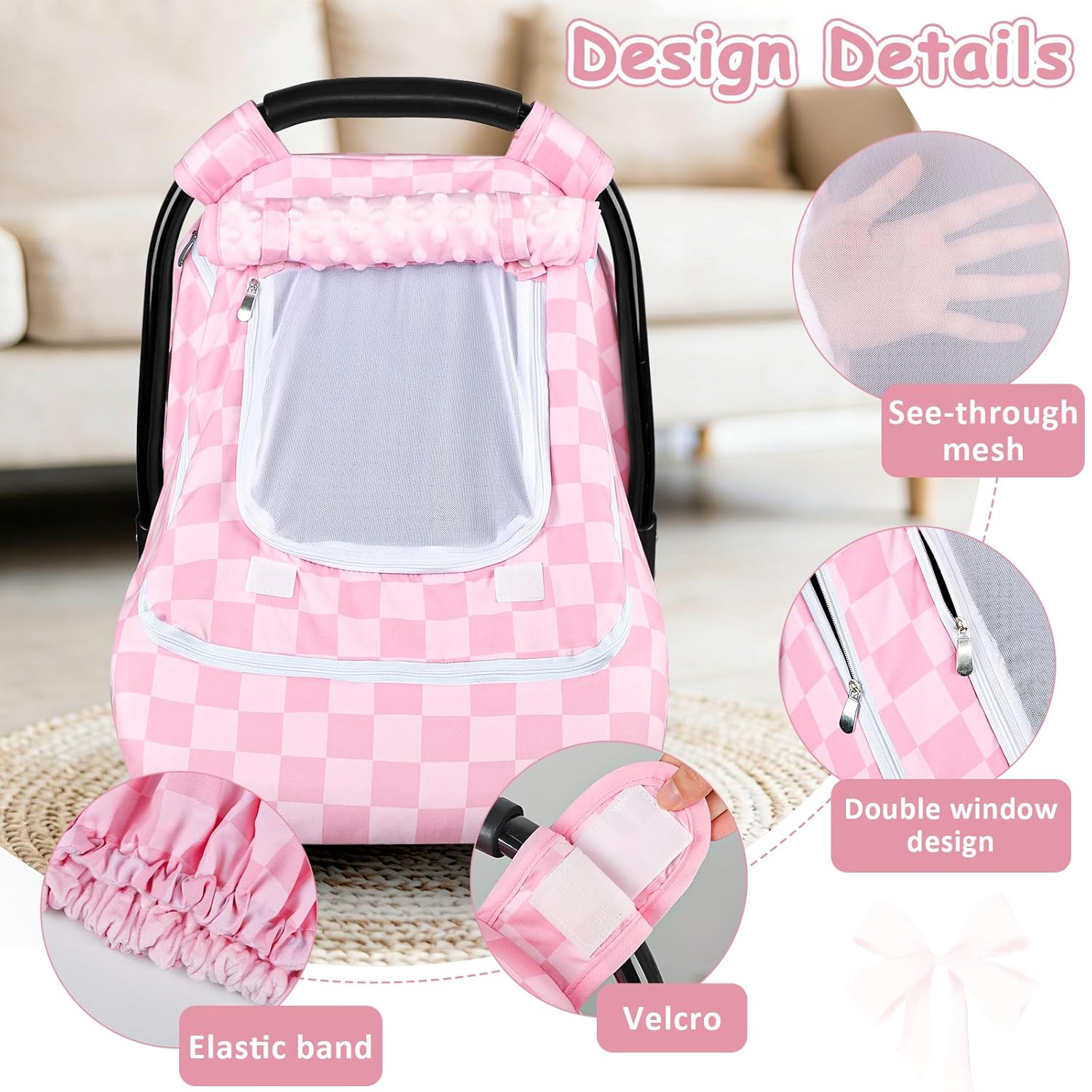 Baby Car Seat Cover with Mesh Window, Windproof Carseat Cover for Infant Girls, Infant Carseat Canopy with with Dual Zipper, Compatible with Most Baby Car Seat, Pink Checkered