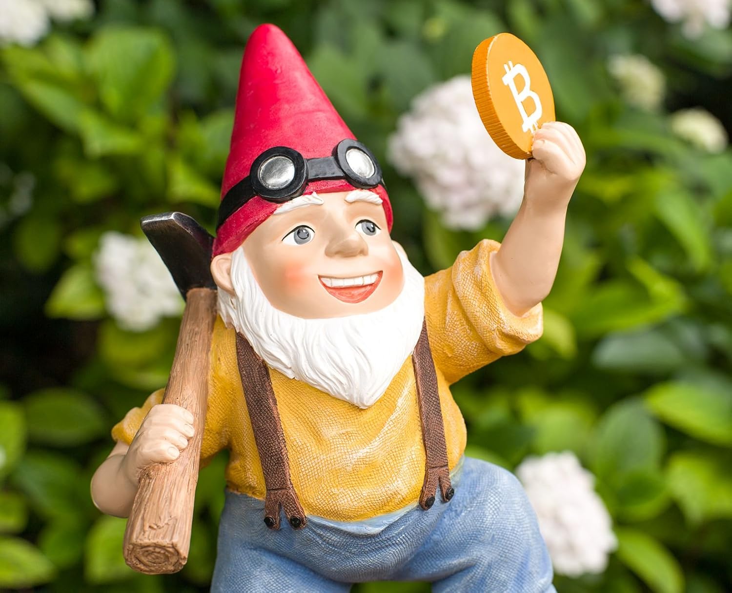 Joykick Bitcoin Miner Gnome - 11 x 7.5 Inches Hand Painted Garden Statue - Miniature Figurine for Indoor and Outdoor Use - Funny Gift for Home or Lawn Decor