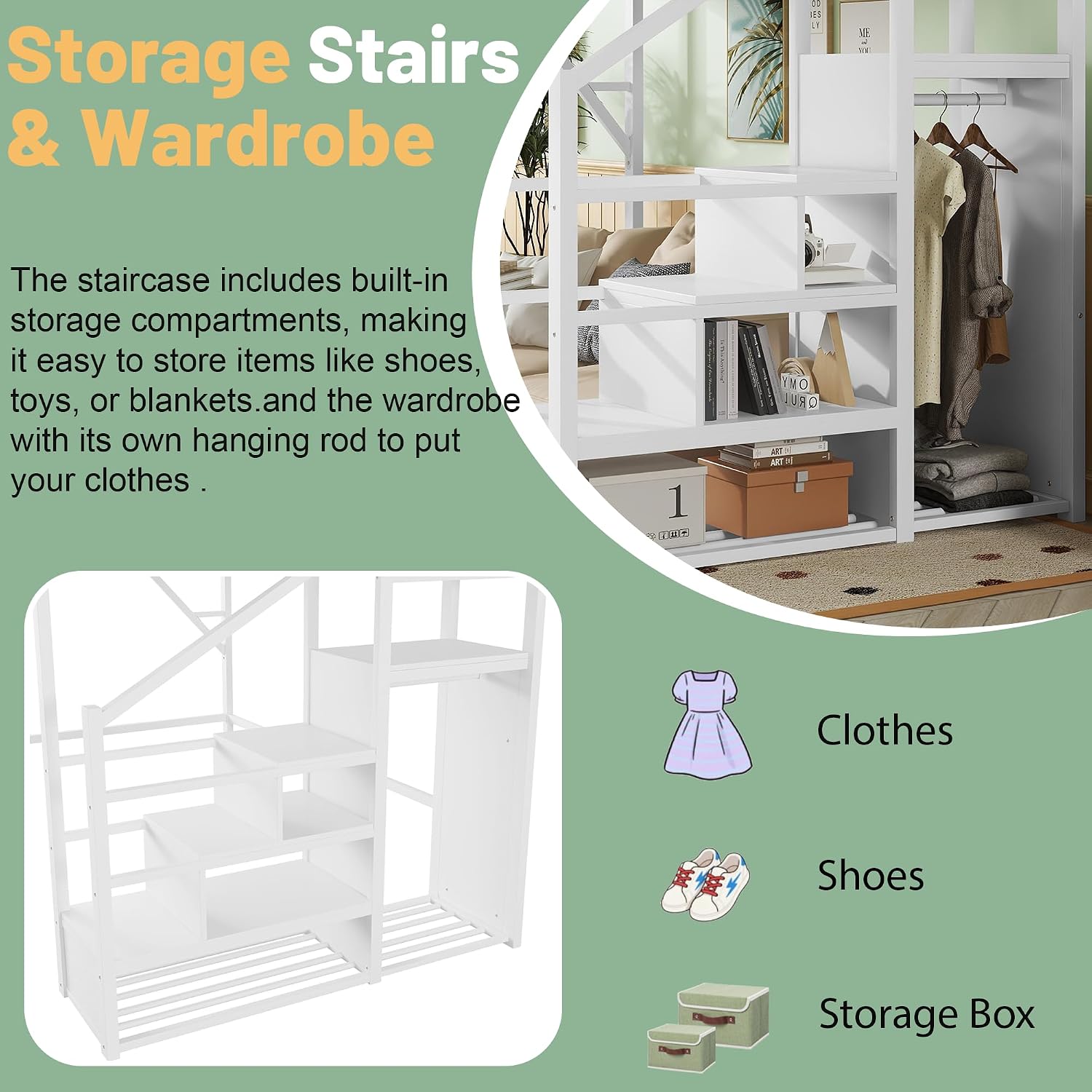 Queen Size Loft Bed with Stairs, Heavy Duty Metal Loft Beds Frame with Storage Shelf & Wardrobe, Tall LoftBed with Under-Bed Space for Adult Teens Junior,Space Saving Design,White