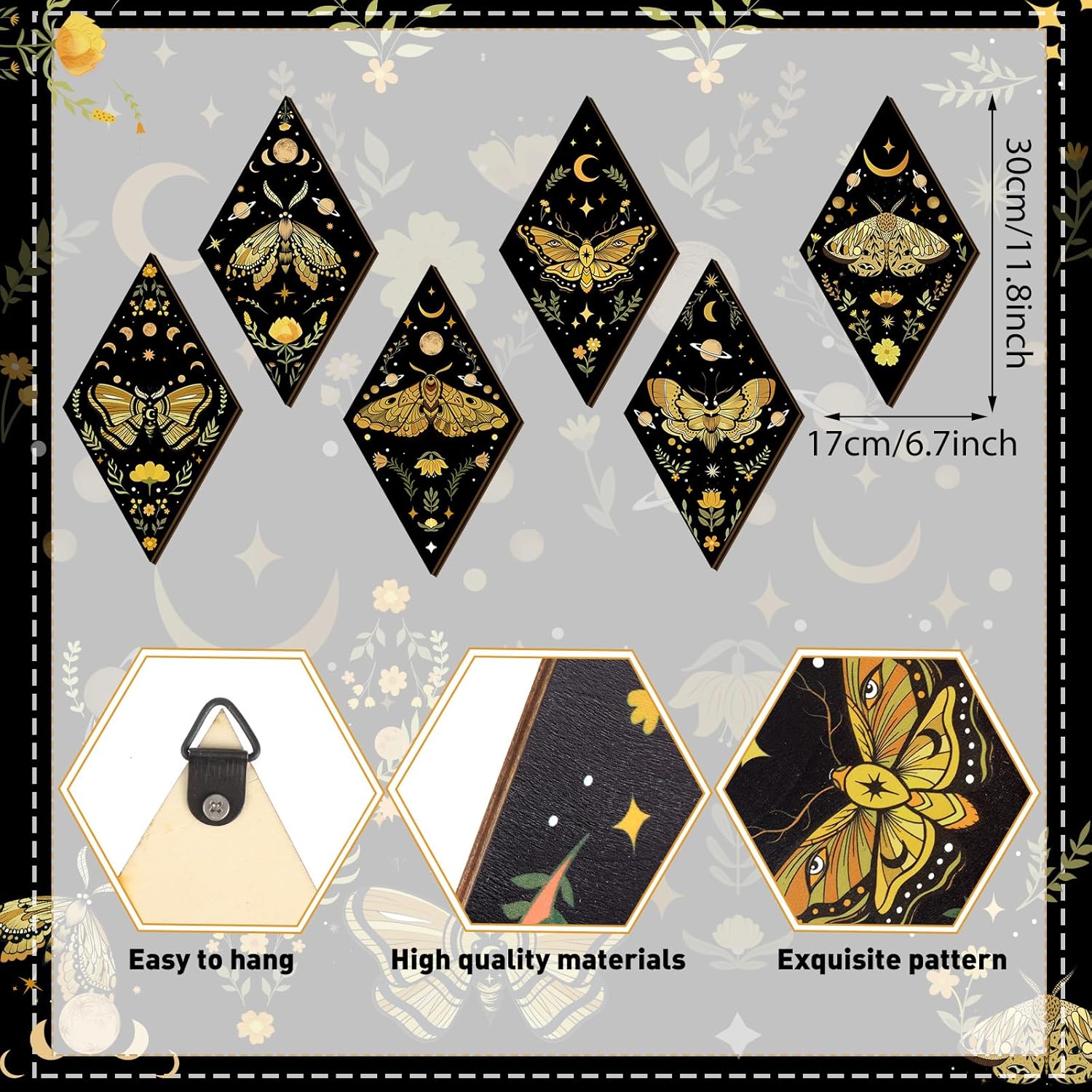 Sintuff 6 Pieces Halloween Gothic Wall Decor Boho Sun Moon Phases Wall Art Gothic Minimalist Stars Sun Hanging Wooden Home Decor Farmhouse Pediments for Gallery Living Bedroom Room(Moth)