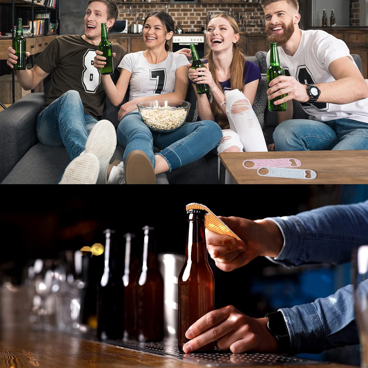 Didaey 4 Pcs Glitter Flat Bottle Opener Stainless Steel Beer Bar Key Bartender Friends Rhinestone Bling Beer Opener for Soda Wine Can(Modern Colors)