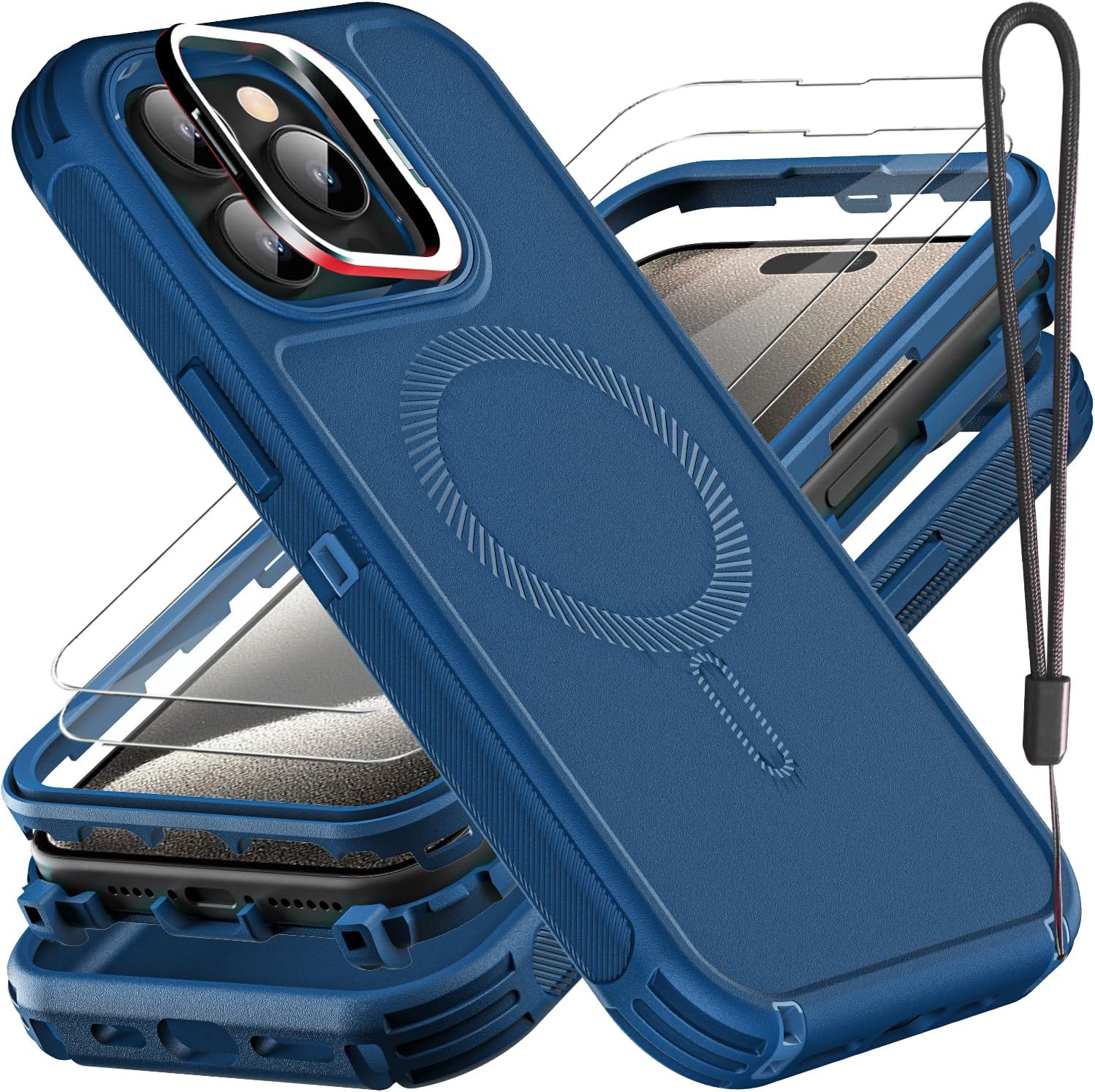 YKHJKLEC for iPhone 15 Pro Max Case, Military Grade 3 in 1 Heavy Duty Shockproof/Drop Proof/Dust Proof with Kickstand Case, with 2 x Tempered Glass Screen Protector & 1 x Wrist Strap (ZJ-Navy Blue)