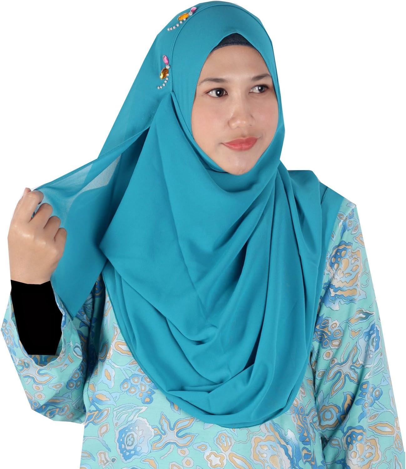 Womens Turquoise Teal Plain Double Loop Instant Chiffon Hijab Scarf Ready Wear