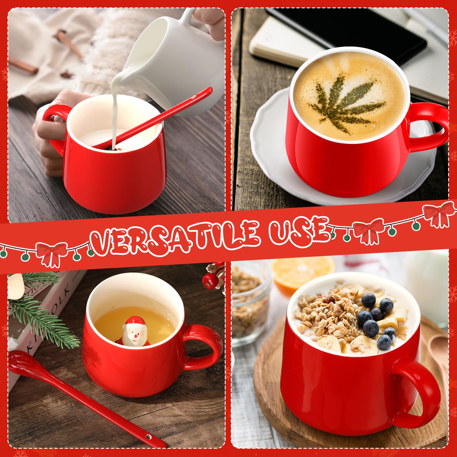 Uiifan 2 juegos de tazas de café de Navidad 3D con cuchara de cerámica, 13.5 onzas en el interior, taza de cerámica de dibujos animados para mujeres y hombres, regalos de Navidad, suministros de