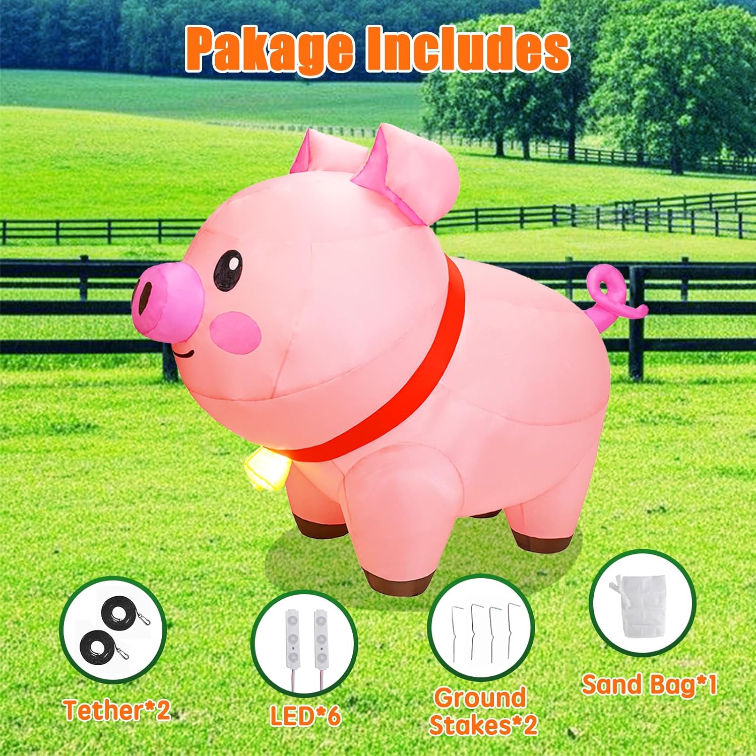 6 FT Long Pig Inflatables, Farm Ranch Yard Outdoor Decoration, Blow Up Cute Animals with Built-in LED Lights，Christmas Spring Decorations for Garden Lawn Themed Party Outside - Image 5