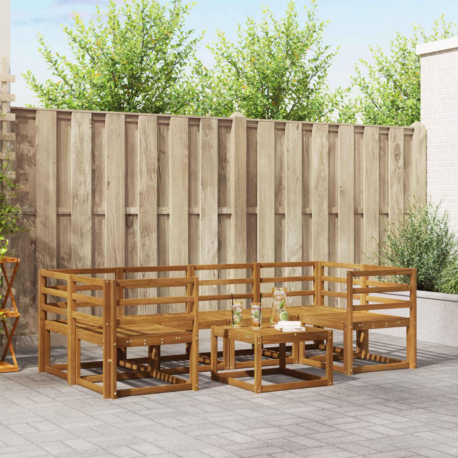 Outdoor-Sofagarnitur 7-teilig aus massivem Akazienholz Natur mit Tisch und flexiblen Sitzkombinationen für Garten Terrasse und Poolbereich, modernes Latten-Design, robust und langlebig