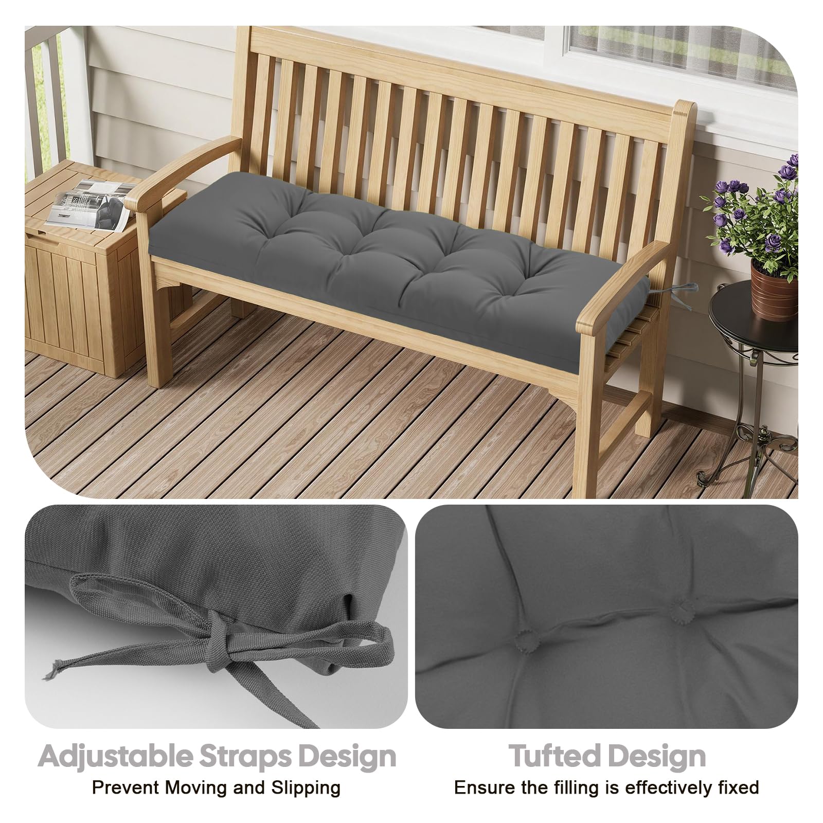 Cuscino per panca da giardino esterno, spessore 8 cm, trapuntato, impermeabile, con laccetti, cuscino di ricambio per patio, prato e divano a 2 posti, 108 x 45 cm, colore grigio scuro