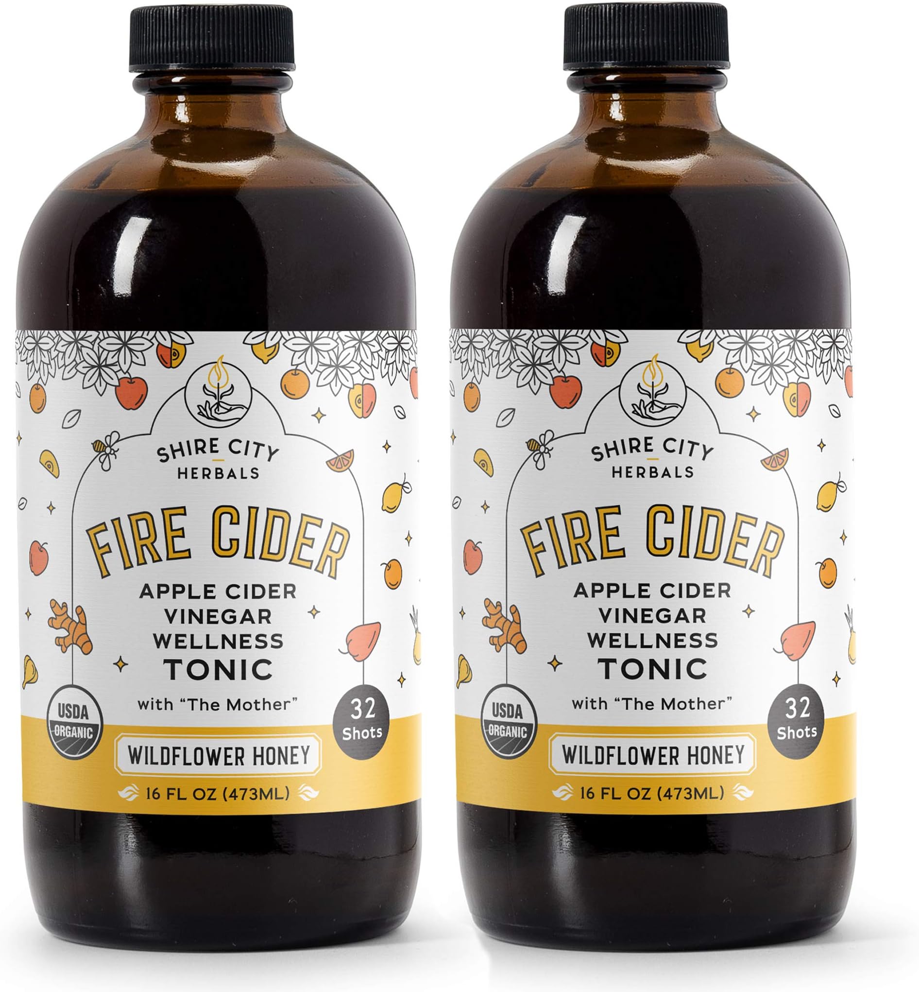 Shire City Herbals, Fire Cider, Tonic, 16oz 2pack, Wildflower Honey flavor (Original), 32 Daily Shots per bottle, Apple Cider Vinegar, Raw, Organic, Not Heat Processed, Not Pasteurized, Not Diluted, Paleo, Keto, Whole 30
