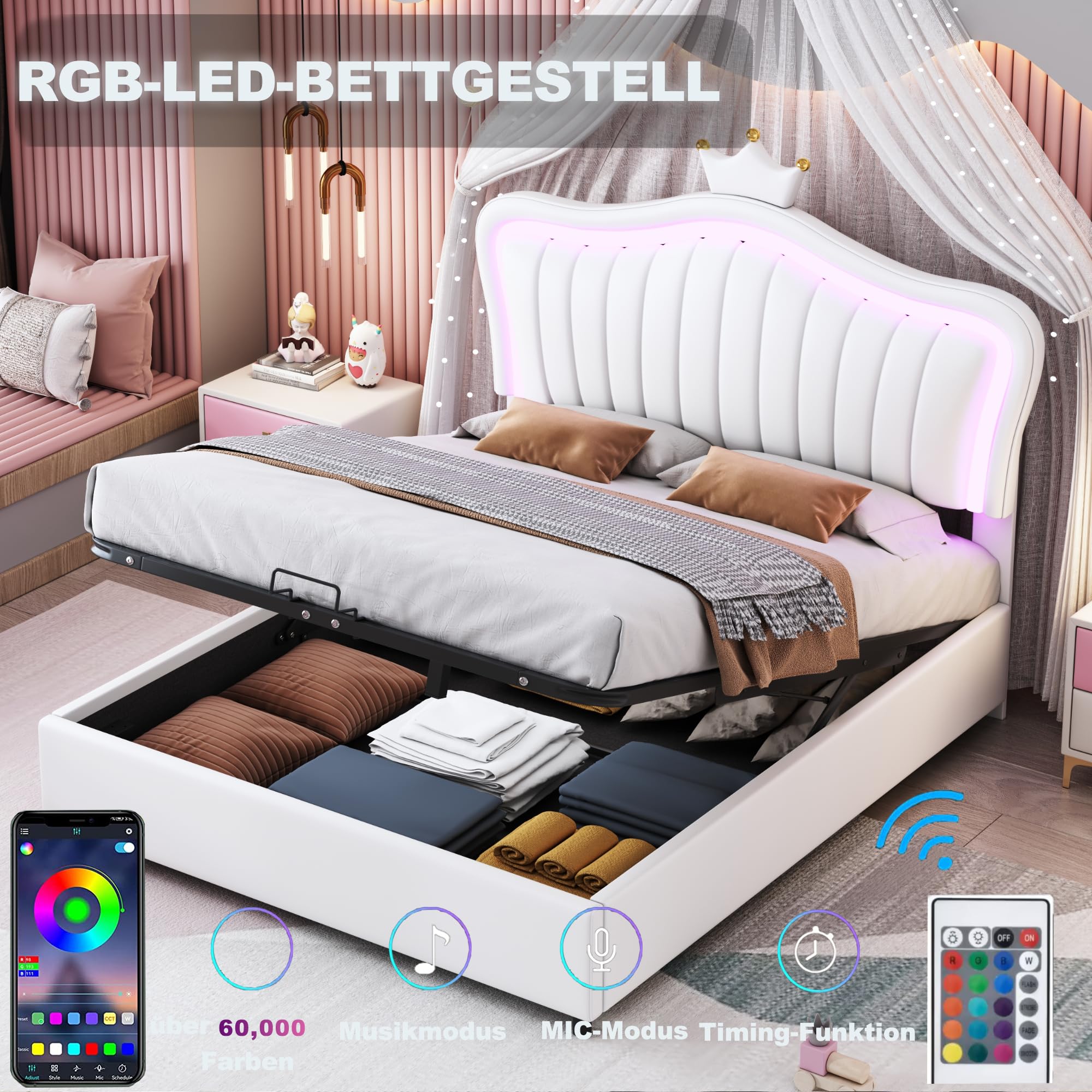 Shye Lettino imbottito per bambini, letto idraulico, struttura singola con corona rosa, in pelle PU con luci, rete a doghe e schienale, 140 x 200 cm (bianco)