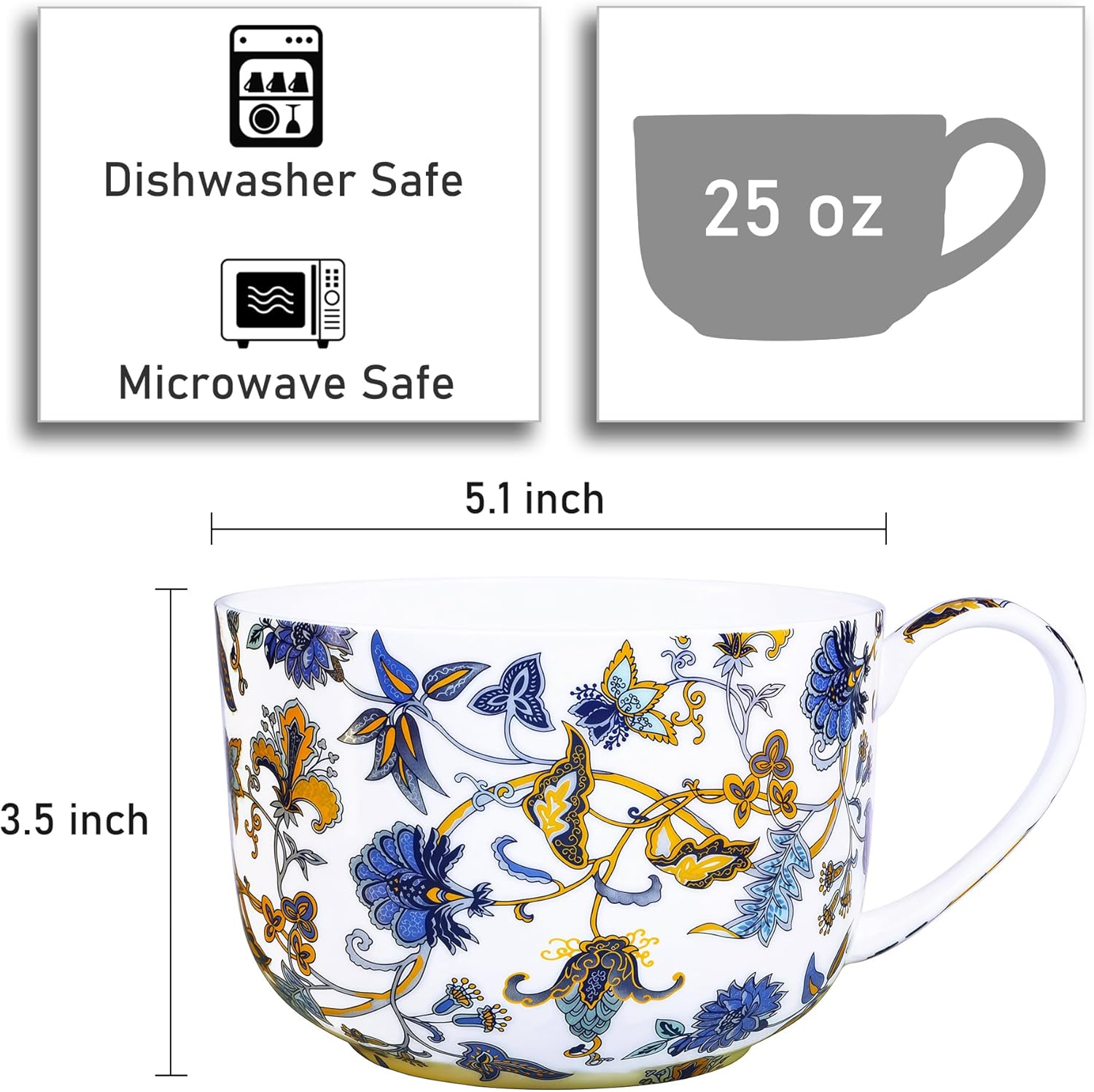 25 Ounce Bone China Soup Bowls with Handles Large Soup Mug for Coffee Cereal Oatmeal Latte Flora Soup Bowl Bone China Soup Cup Microwave Safe (Blue) - Image 2