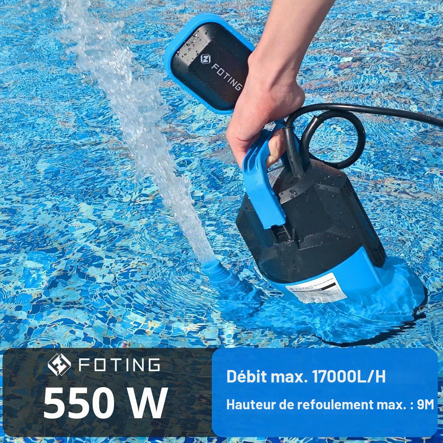 Pompe d’évacuation plate Aspiration jusqu’à 1 mm, Moteur 550W, Débit 17000 L/h, Hauteur de refoulement: 9m, Profondeur d’immersion: 7m, Pompe utilitaire scellée pour Pond avec interrupteur flottant