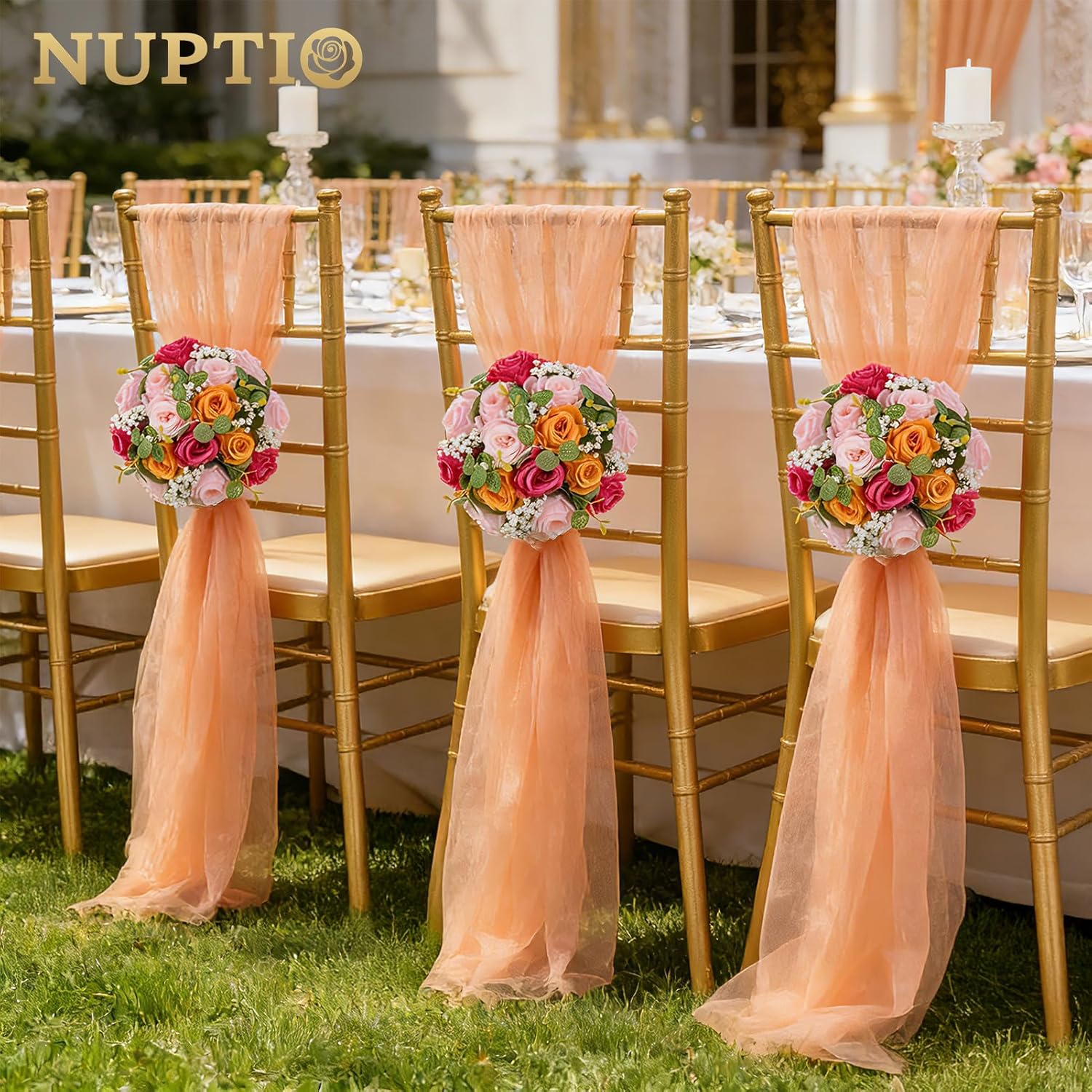 NUPTIO Flower Ball Centerpieces for Tables: 10 Pcs Hot Pink & Orange & Pink Artificial Rose Arrangements for Wedding Party - Faux Floral Baby Breath Kissing Balls for Spring Home Event Decor