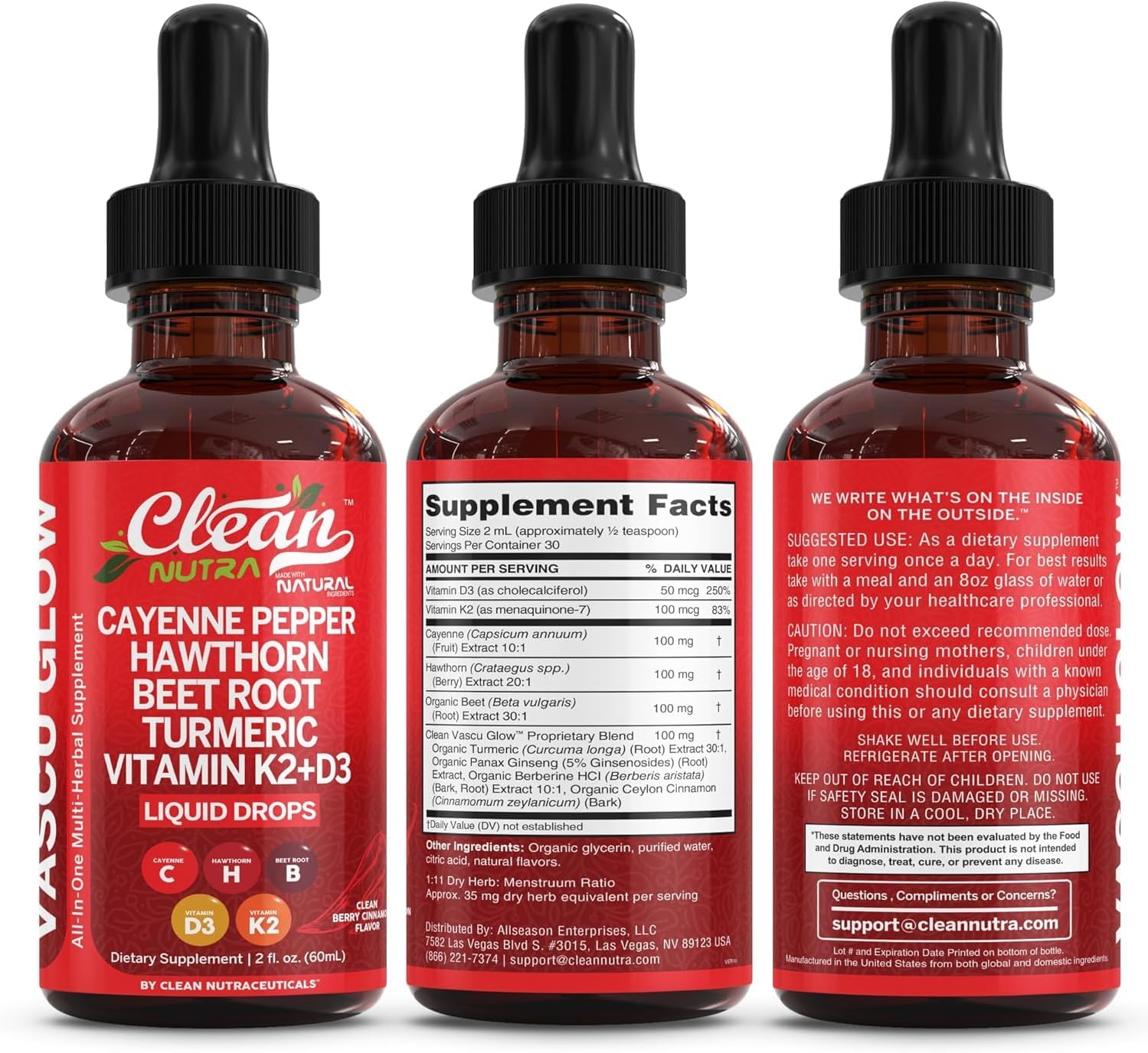 Clean Nutra Cayenne Pepper Drops Supplement Liquid + Hawthorn Berry, Vitamin D3 K2 Beet Root Powder, Ceylon Cinnamon, Turmeric Curcumin, Organic Panax Ginseng, Berberine Extract 1 Pack image 8 of 8 B0D7537K4Z