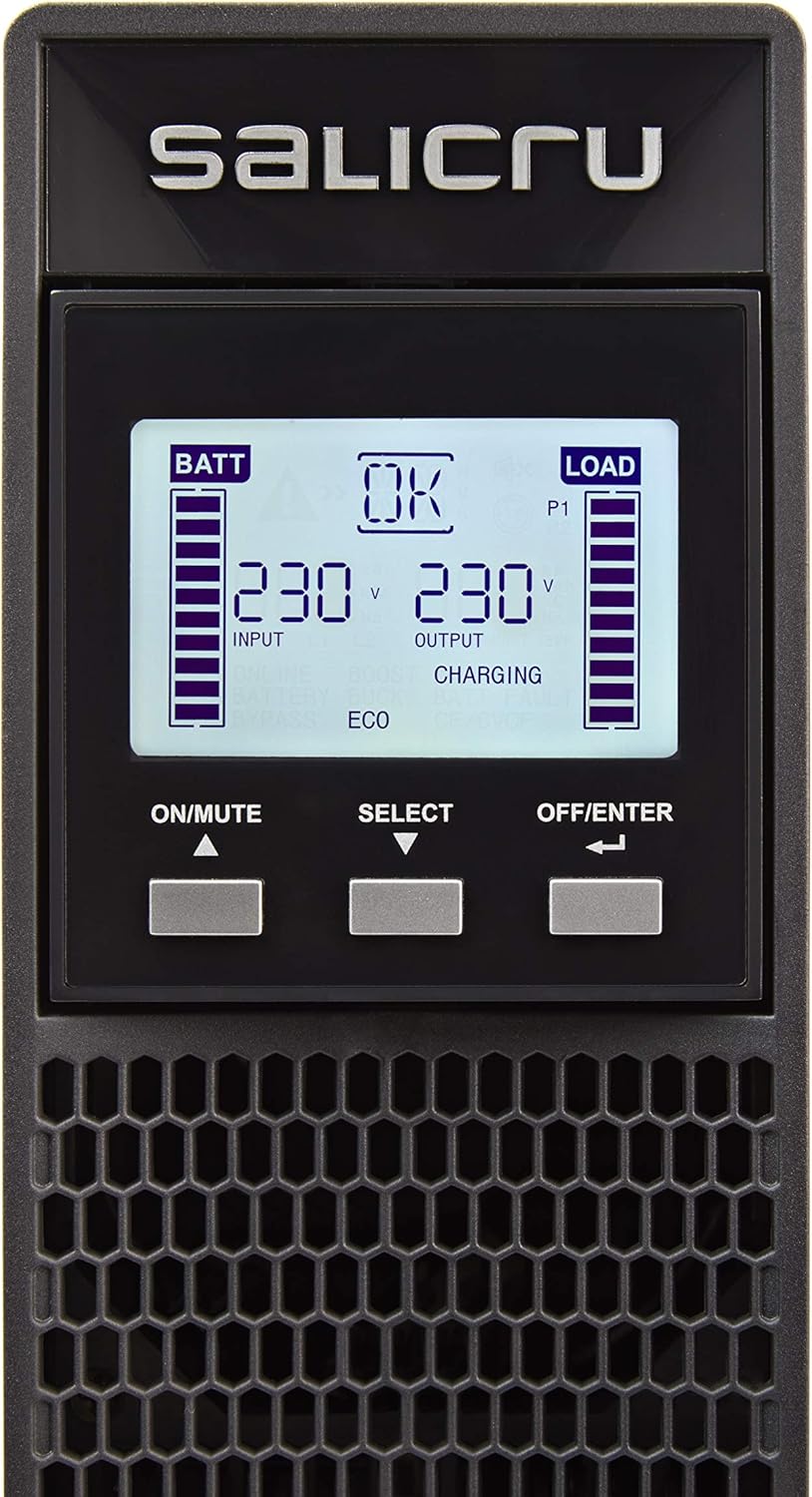 Close-up of Salicru SPS Advance RT2 UPS LCD control panel