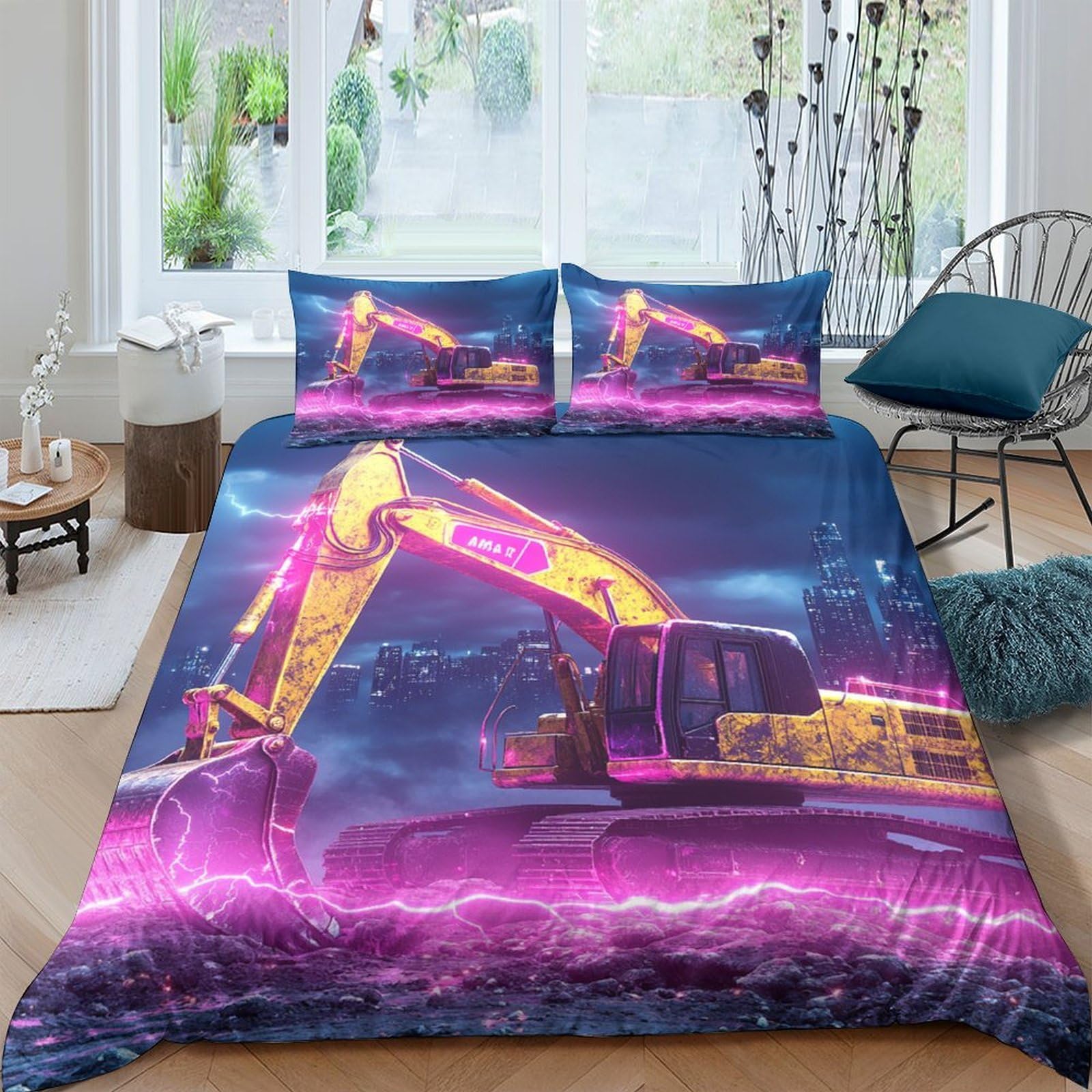 Ctjqhvkz Style-4 3D Printed Neon Excavator Fitted Sheet Microfiber Soft Anti-Slip Lightning Bed Cover For Bedroom Guestroom Decor Single（135X200cm）