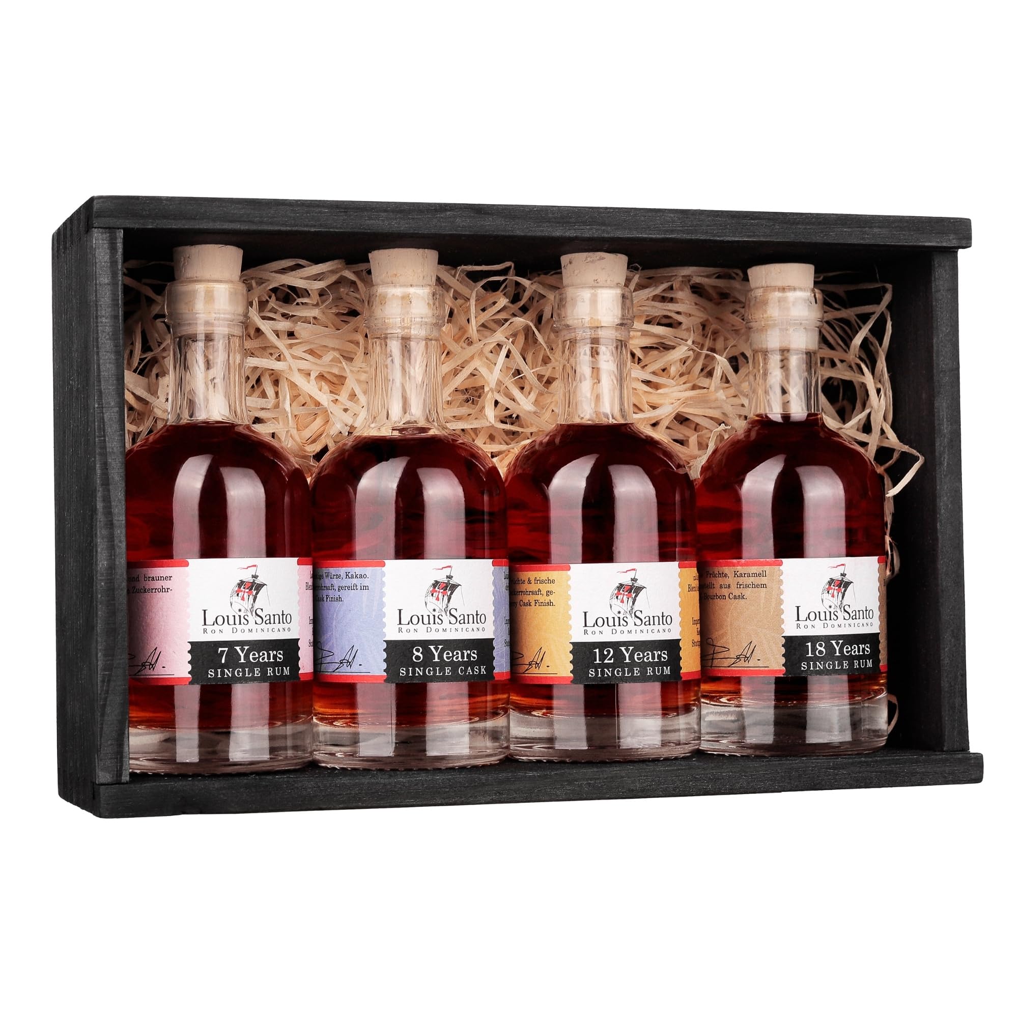 Louis Santo Premium Rum Tasting Set 7, 8, 12 & 18 Jahre | 4x100 ml für bis zu 5 Personen | Rum Geschenkset für Liebhaber | 4 verschiedene dominikanische Rums im Probierset