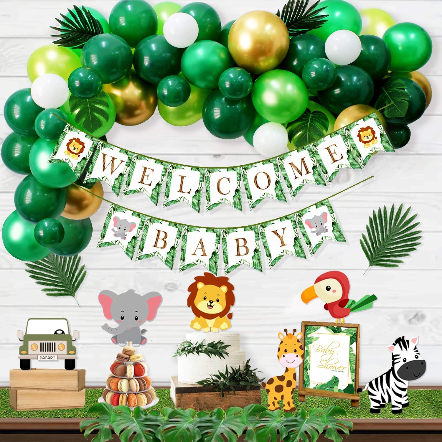 Ola Memoirs Jungle Theme Safari Baby Shower Decorations, Lush Green Balloon Arch Backdrop, Pre-strung Banner, Animal Centerpieces, Tropical Leaves, Gender Neutral theme, Party Supplies boy or girl