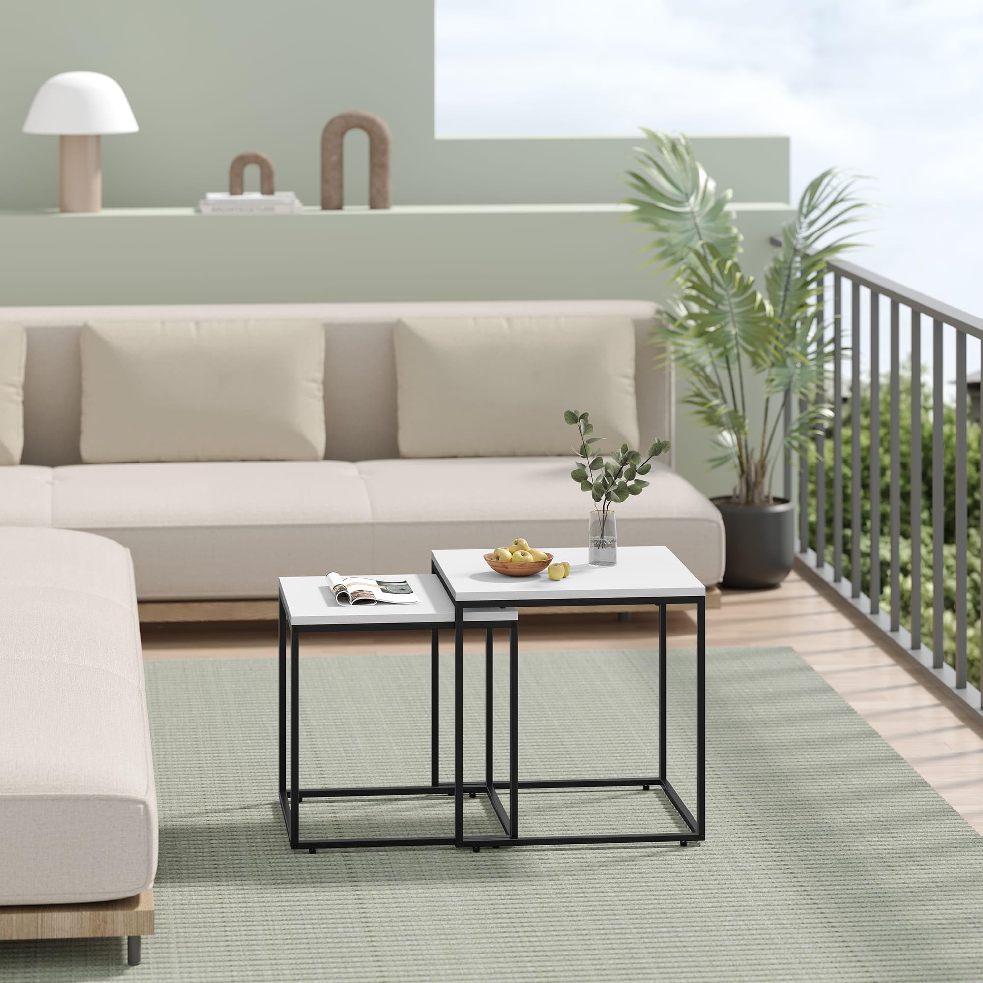 Couchtisch quadratisch 2er Set für Wohnzimmer – Beistelltische im Loft-Design, ineinander schiebbar, Sofatische aus Holzwerkstoff und Stahl, modern, platzsparend (Weiß)