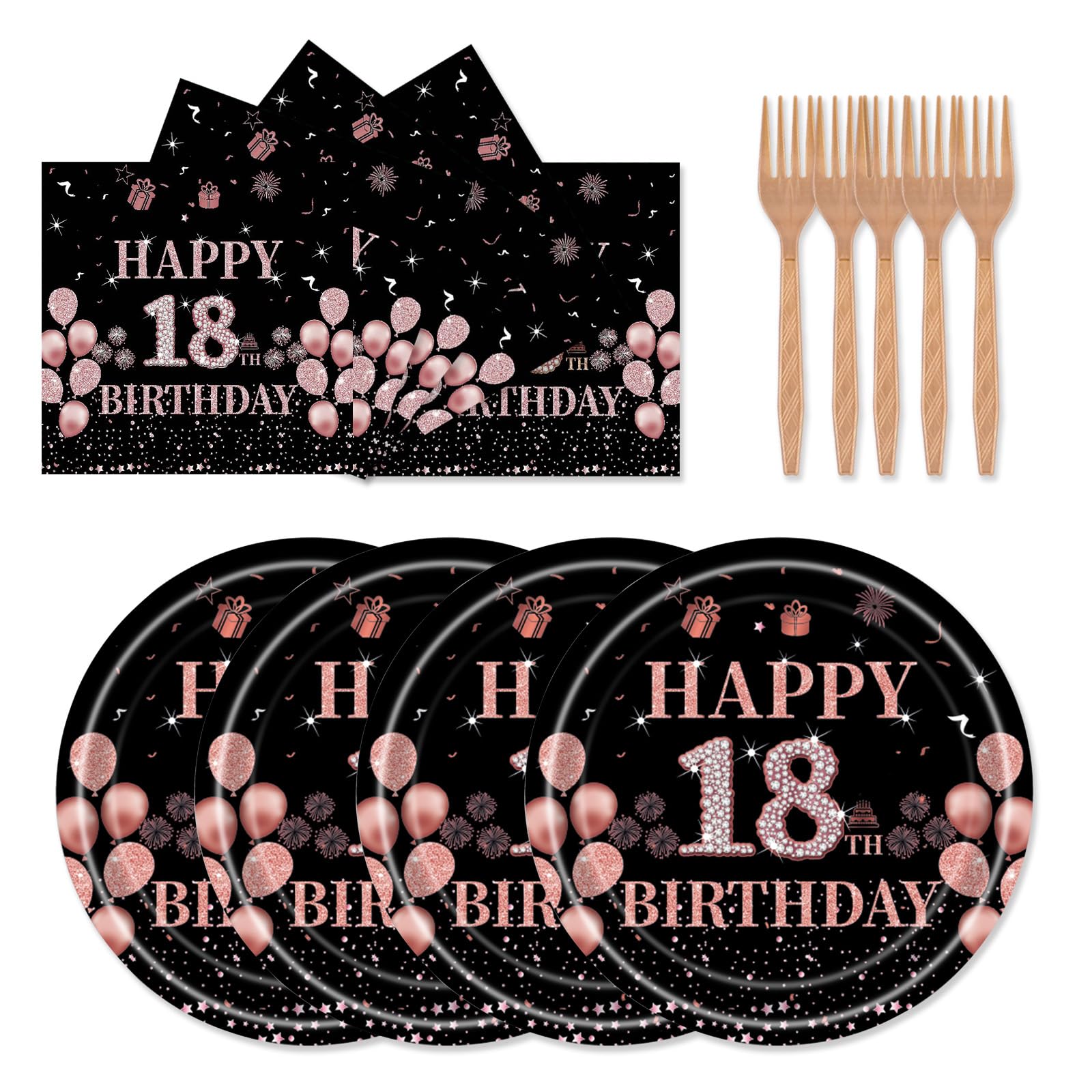 Xjoviative 72 PCS 18th Birthday Party Supplies Paper Plates and Napkins, Black Rose Gold 18th Birthday Plates Napkins Tableware Set for Women Girls