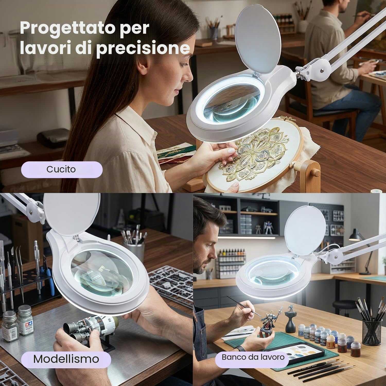 Neatfi (Nuovo Modello) 1.200 lumen Super LED lampada con morsetto, dimmerabile, lente da 13 cm, 60 LED SMD, braccio regolabile (Bianco, 8 Diottrie)