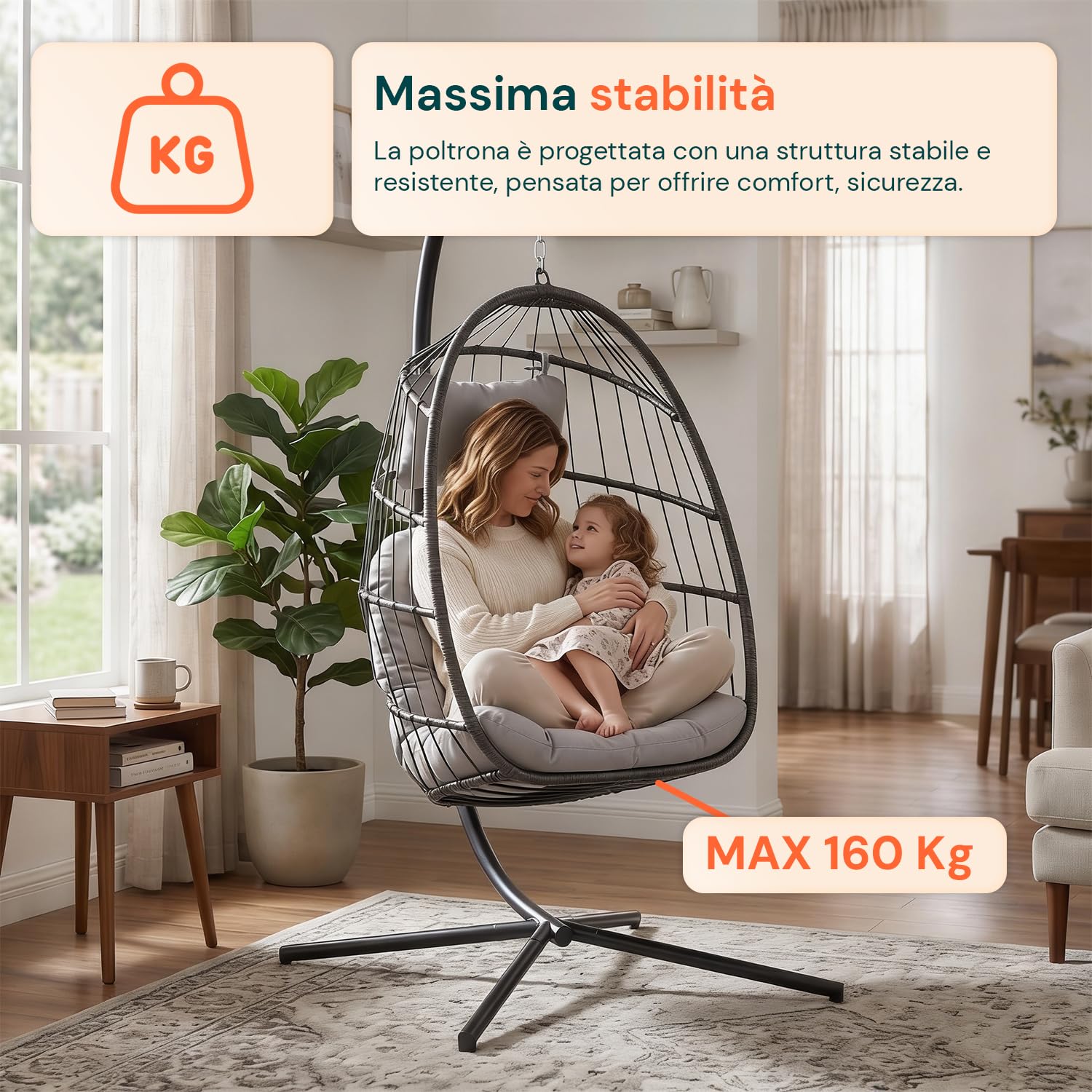 Poltrona Sospesa da Giardino a Uovo Pieghevole – Rattan Sintetico, Acciaio Zincato 192 cm, 160 kg | Sedia a Dondolo Sospesa con Cuscini Antracite, Interno ed Esterno, 75×10×103,5 cm chiusa